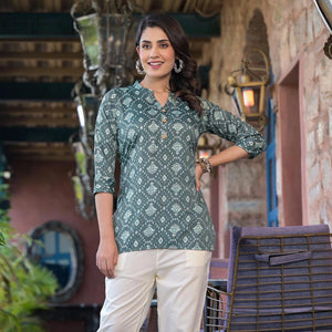 Sea Green Floral Printed Rayon Straight Top