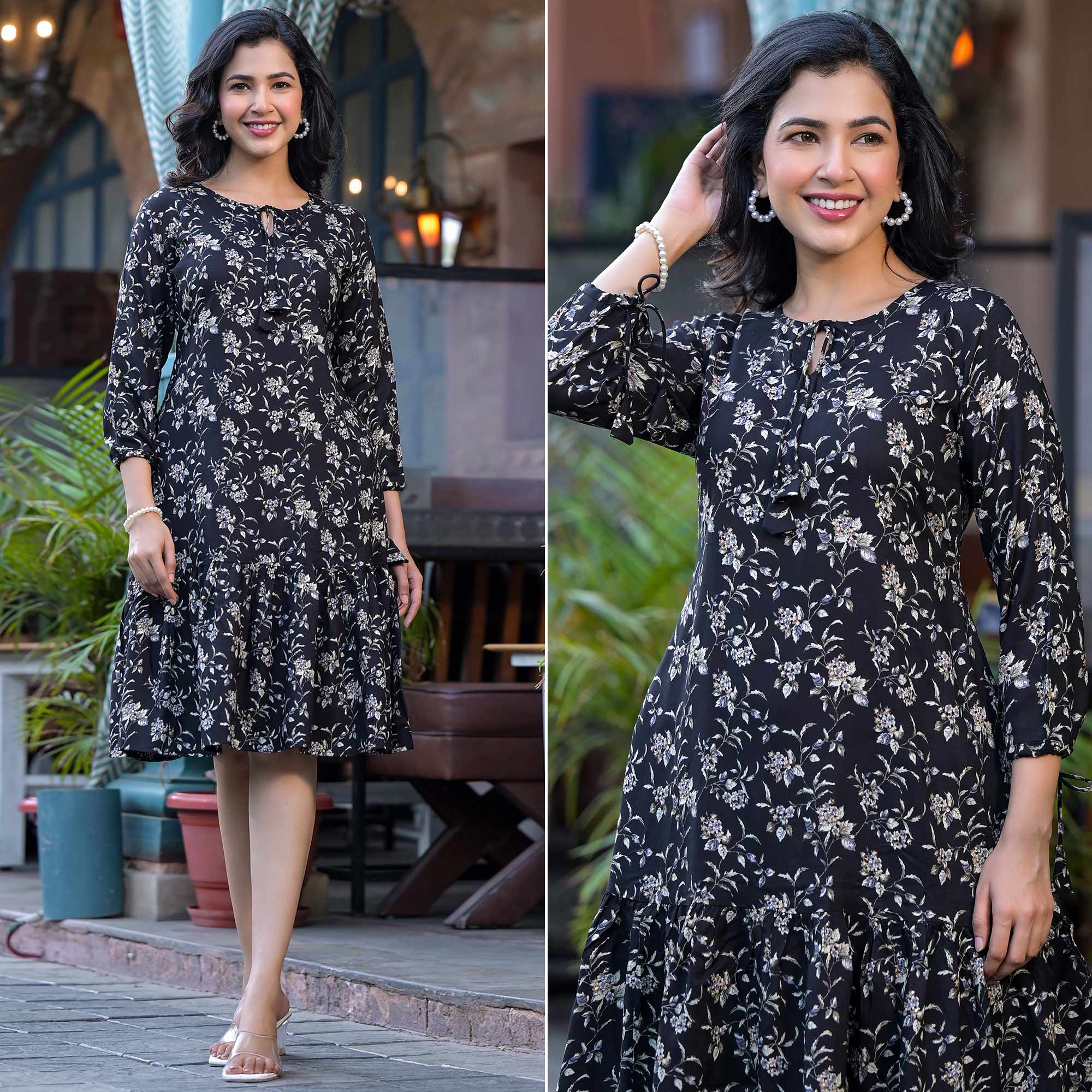 Black Floral Printed Rayon A-Line Dress