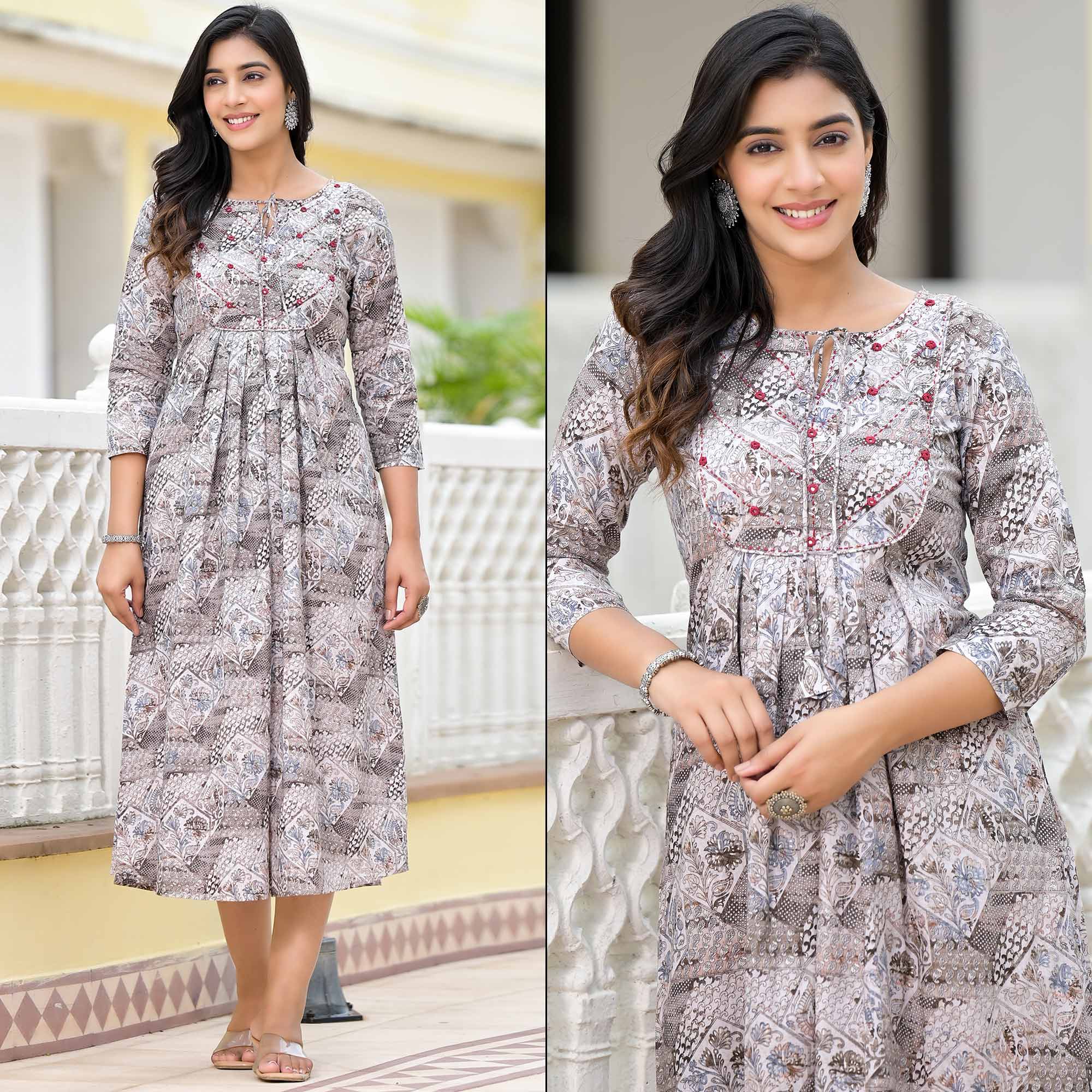 Grey Floral Printed Pure Cotton A-Line Dress