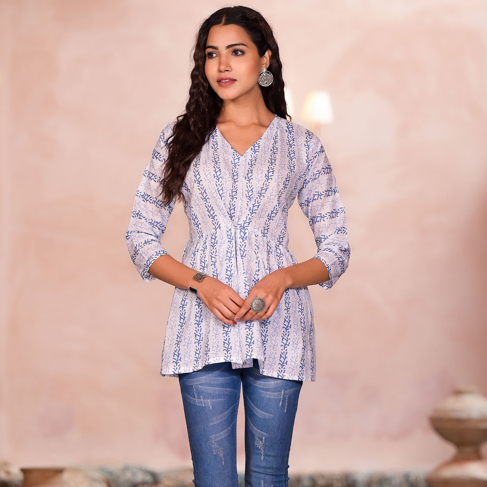 A Line Top Pattern White & Blue Printed Pure Cotton A-Line Top