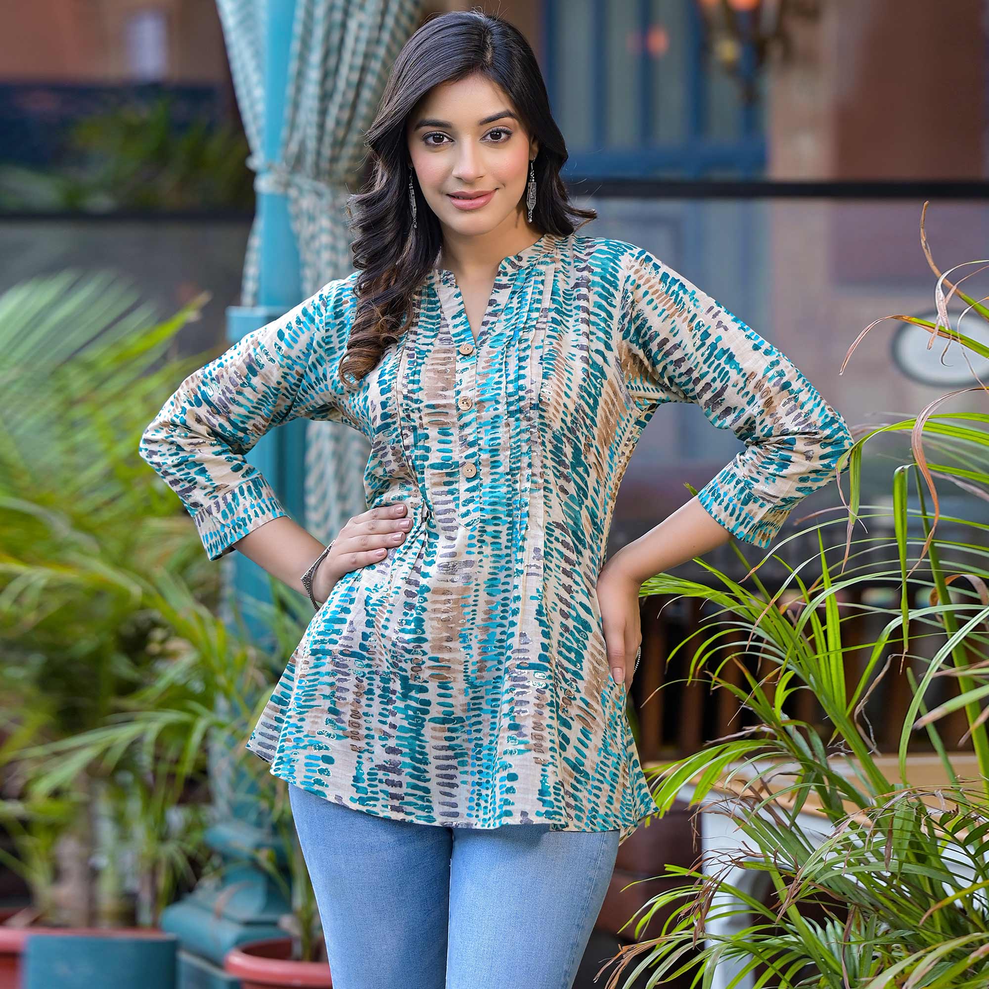 Turquoise Foil Printed Pure Cotton A-Line Top