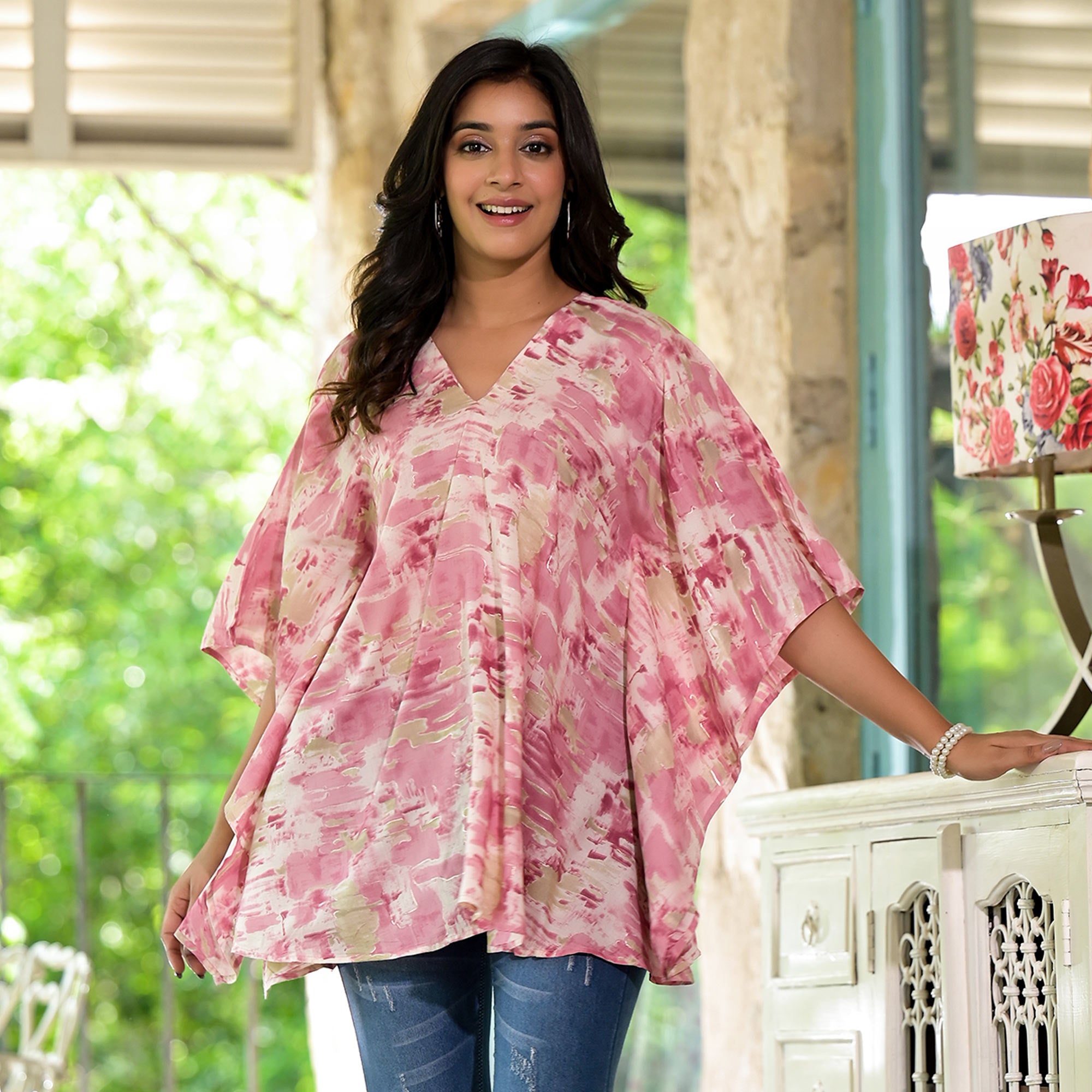 Pink Foil Printed Chanderi Silk Kaftan Top