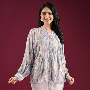 Blue Foil Printed Chanderi Silk A-Line Top