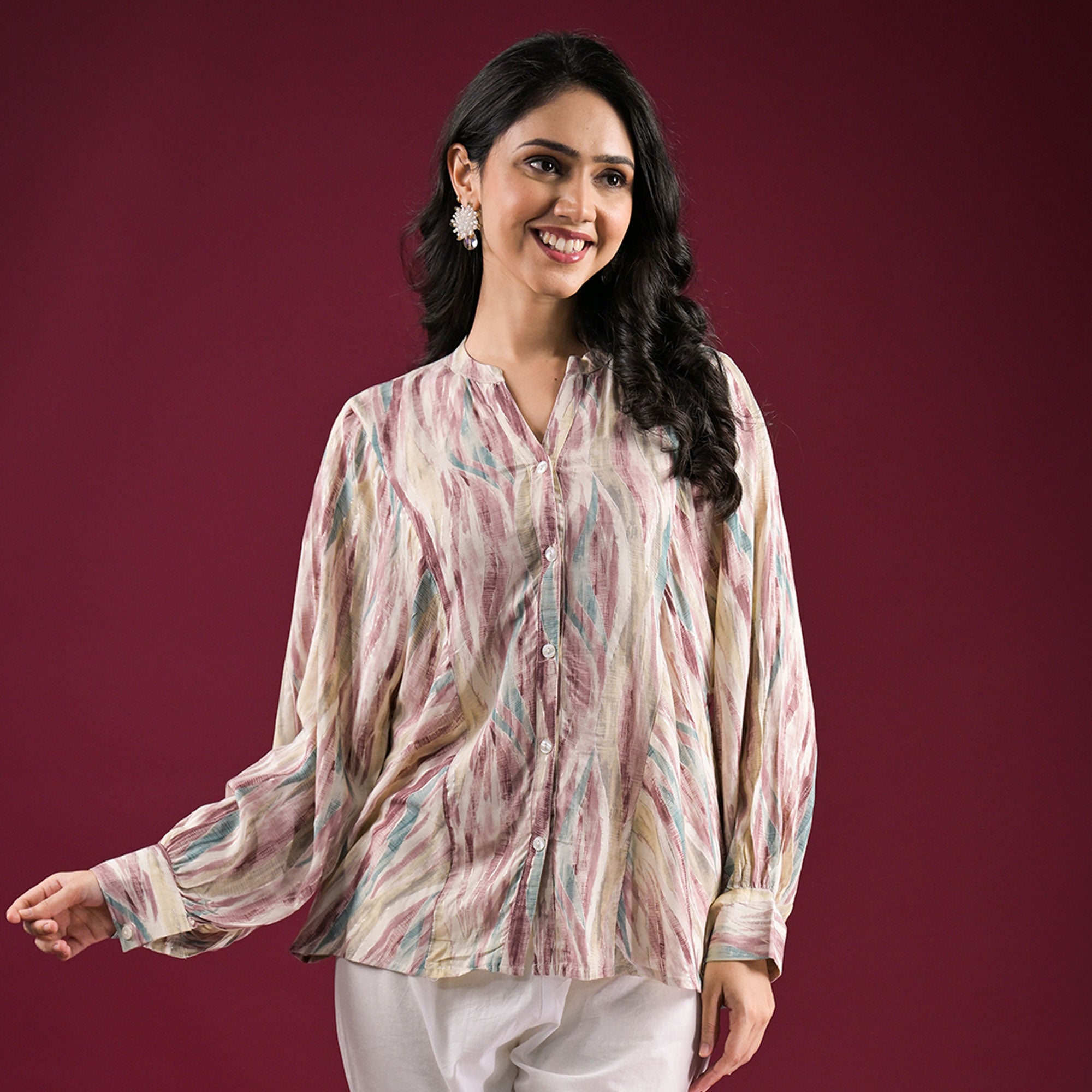 Turquoise Foil Printed Chanderi Silk A-Line Top