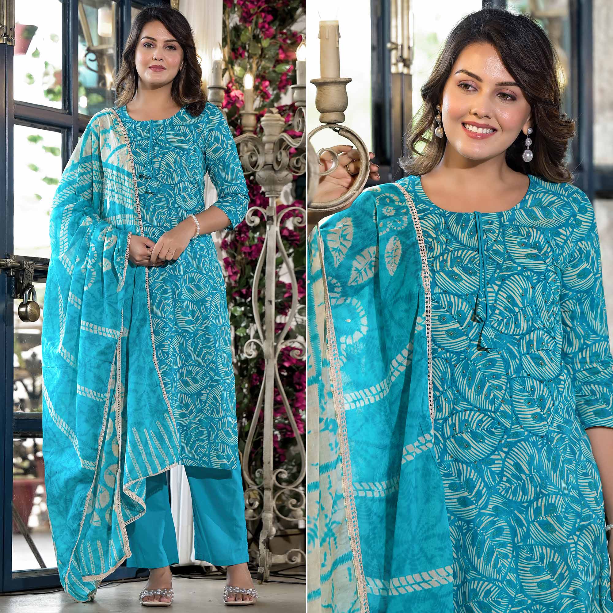 Sky Blue Floral Printed Pure Cotton Straight Salwar Suit