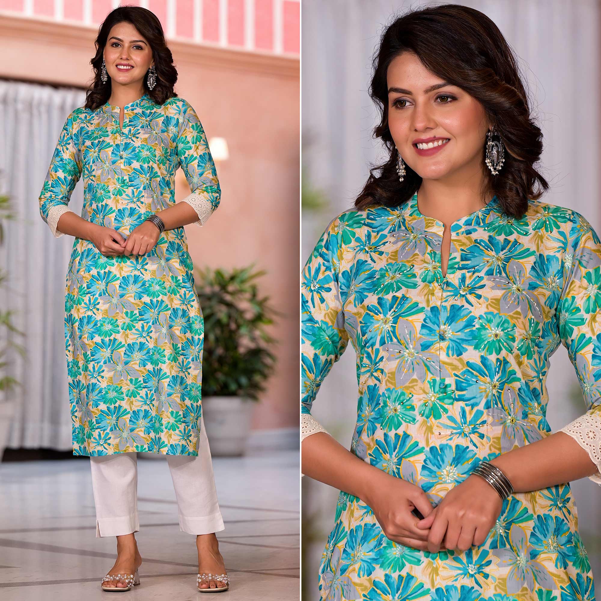 Blue Floral Printed Pure Cotton Straight Kurti