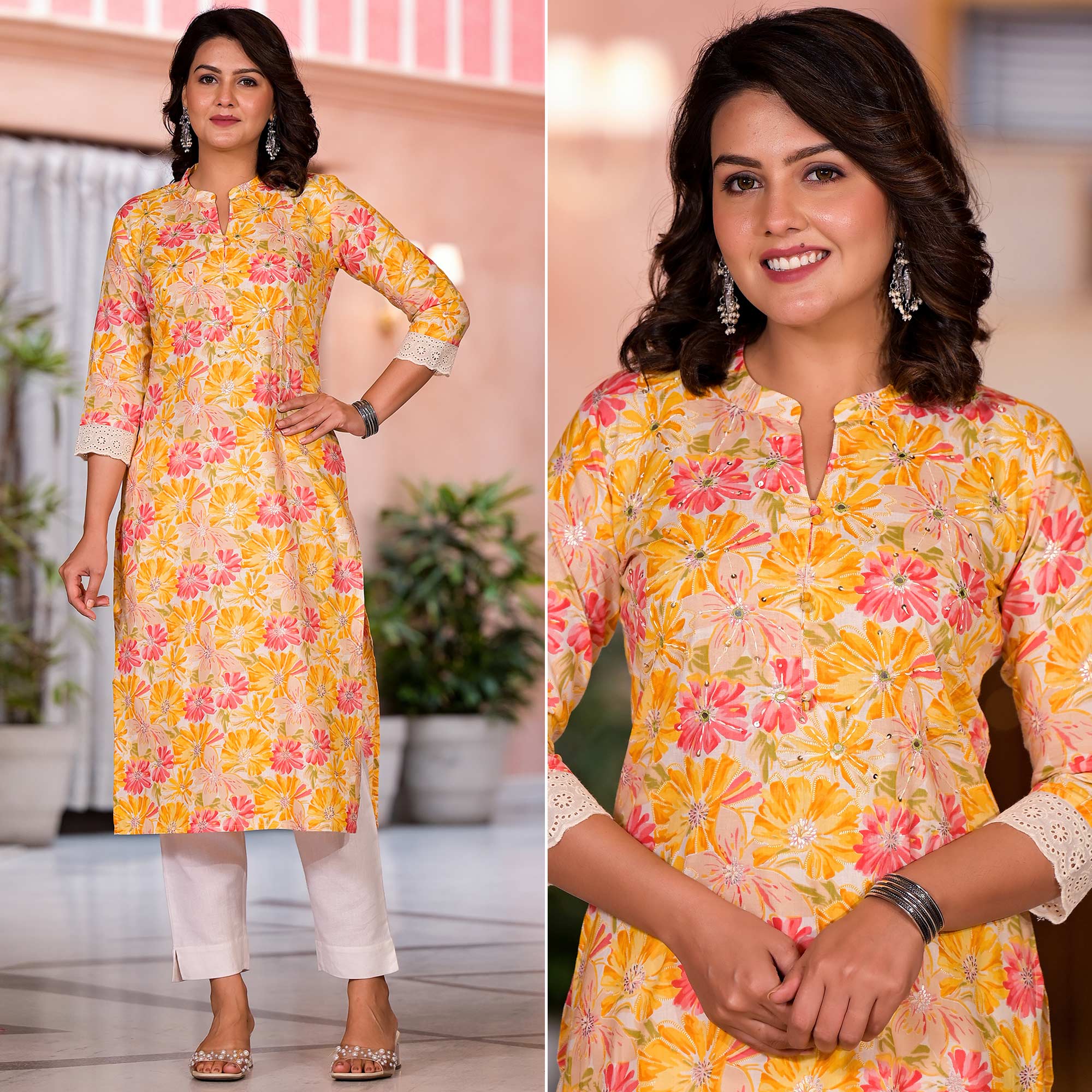 Yellow Floral Printed Pure Cotton Straight Kurti