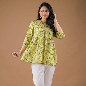 Green Floral Printed Pure Cotton A-Line Top