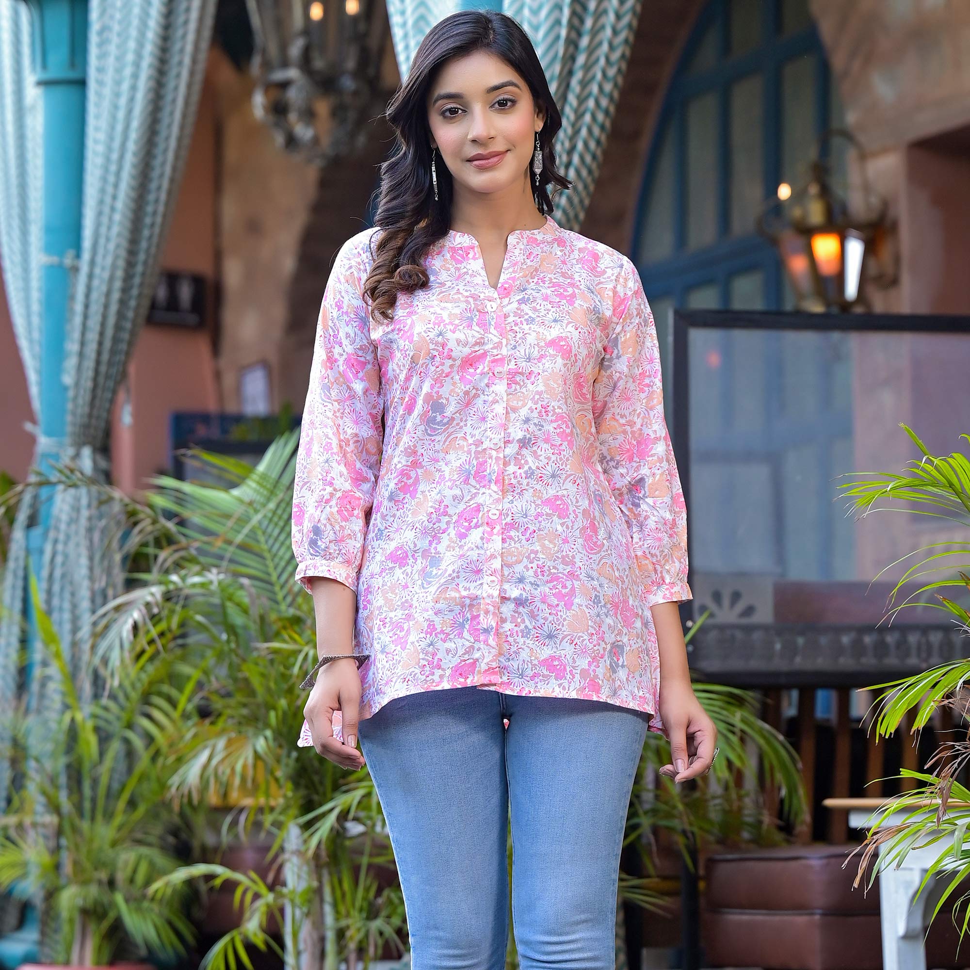 Pink Floral Printed Pure Cotton A-Line Top
