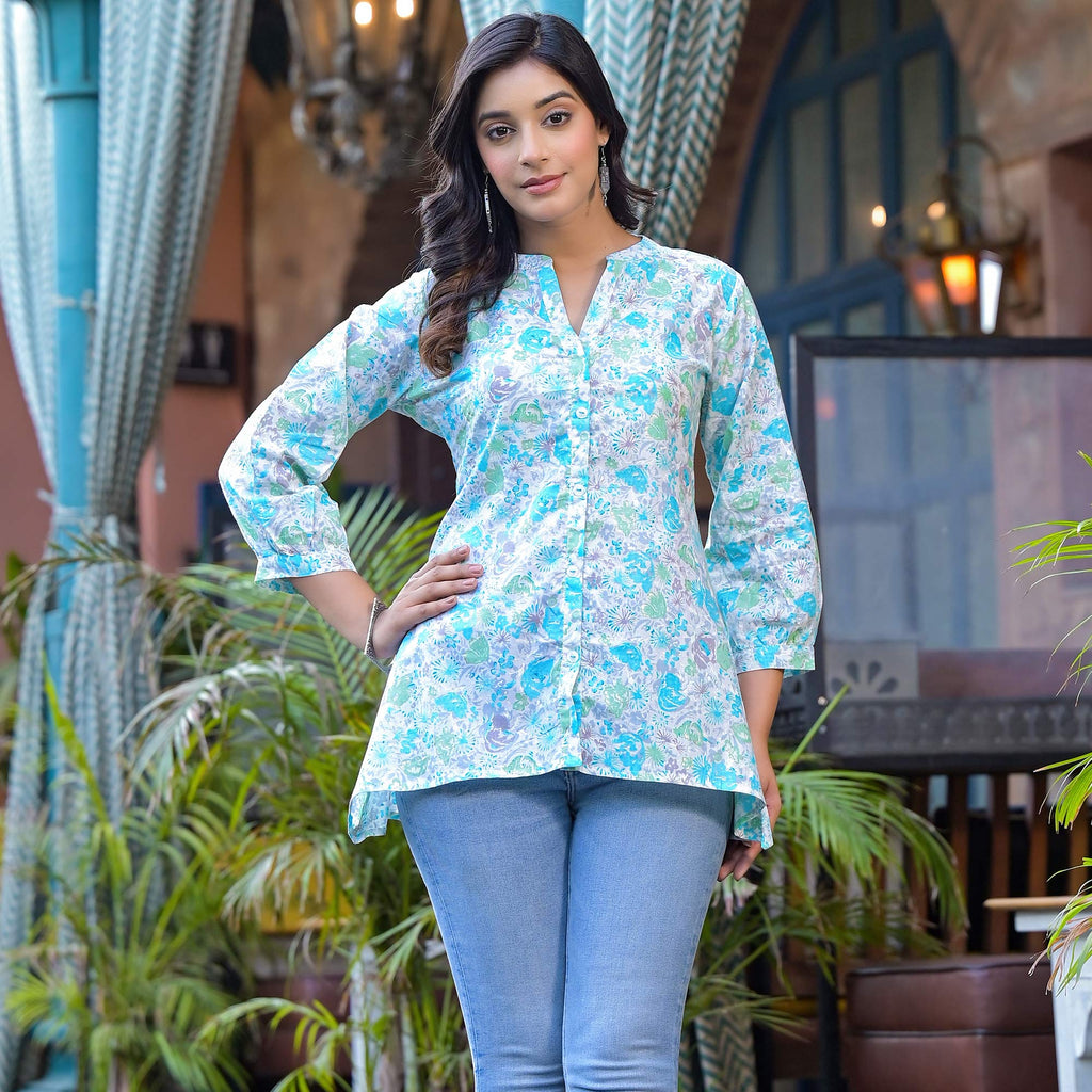 Sky Blue Floral Printed Pure Cotton A-Line Top