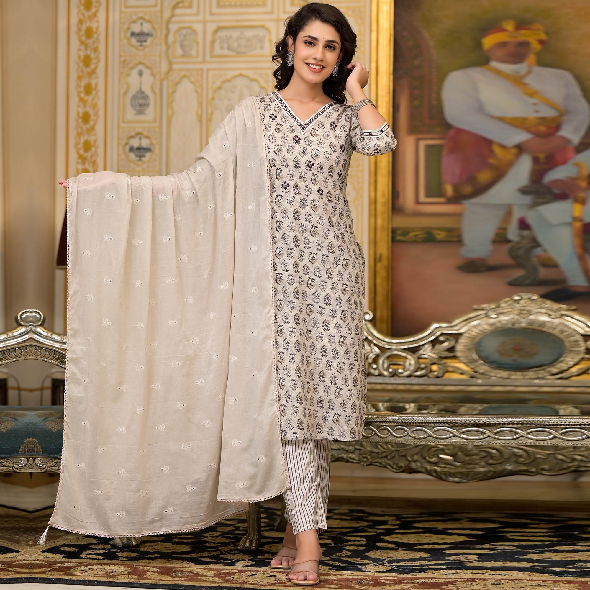 Dark Grey Floral Printed Pure Cotton Straight Salwar Suit