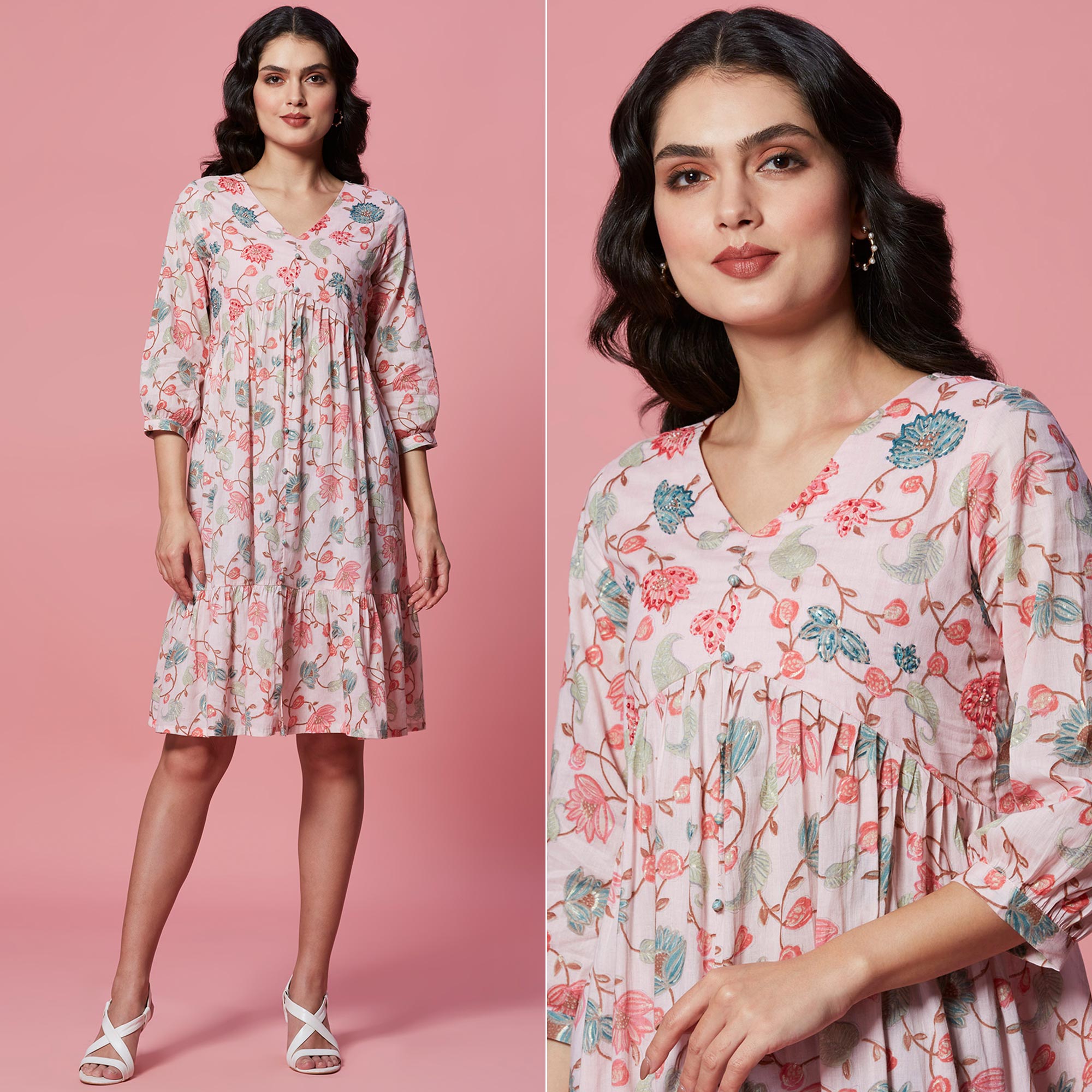 Peach Floral Printed Pure Cotton Dress