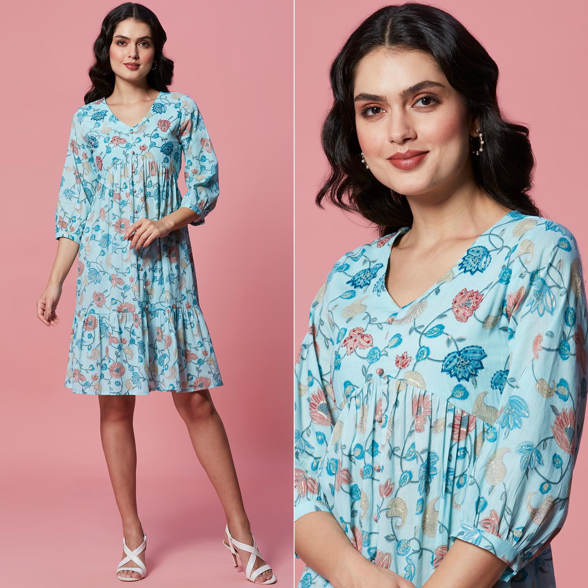 Turquoise Floral Printed Pure Cotton Dress