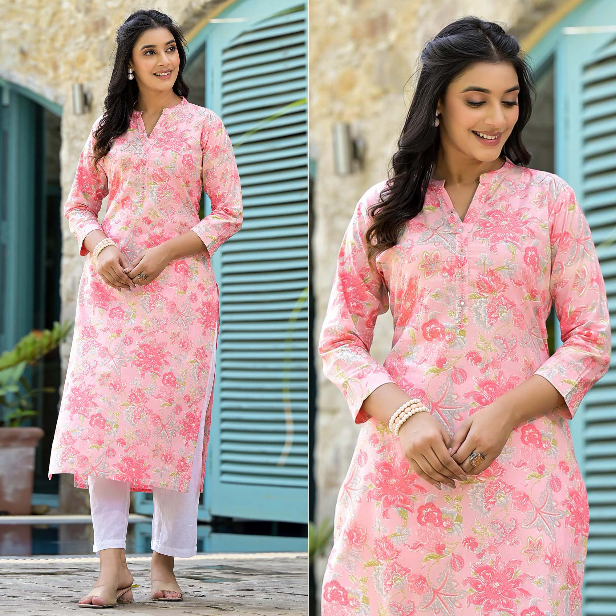 Peach Floral Printed Pure Cotton Straight Kurti