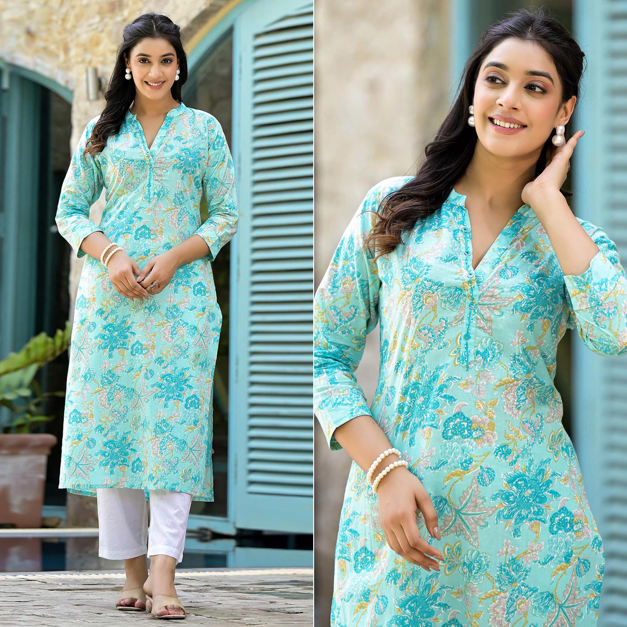 Turquoise Floral Printed Pure Cotton Straight Kurti