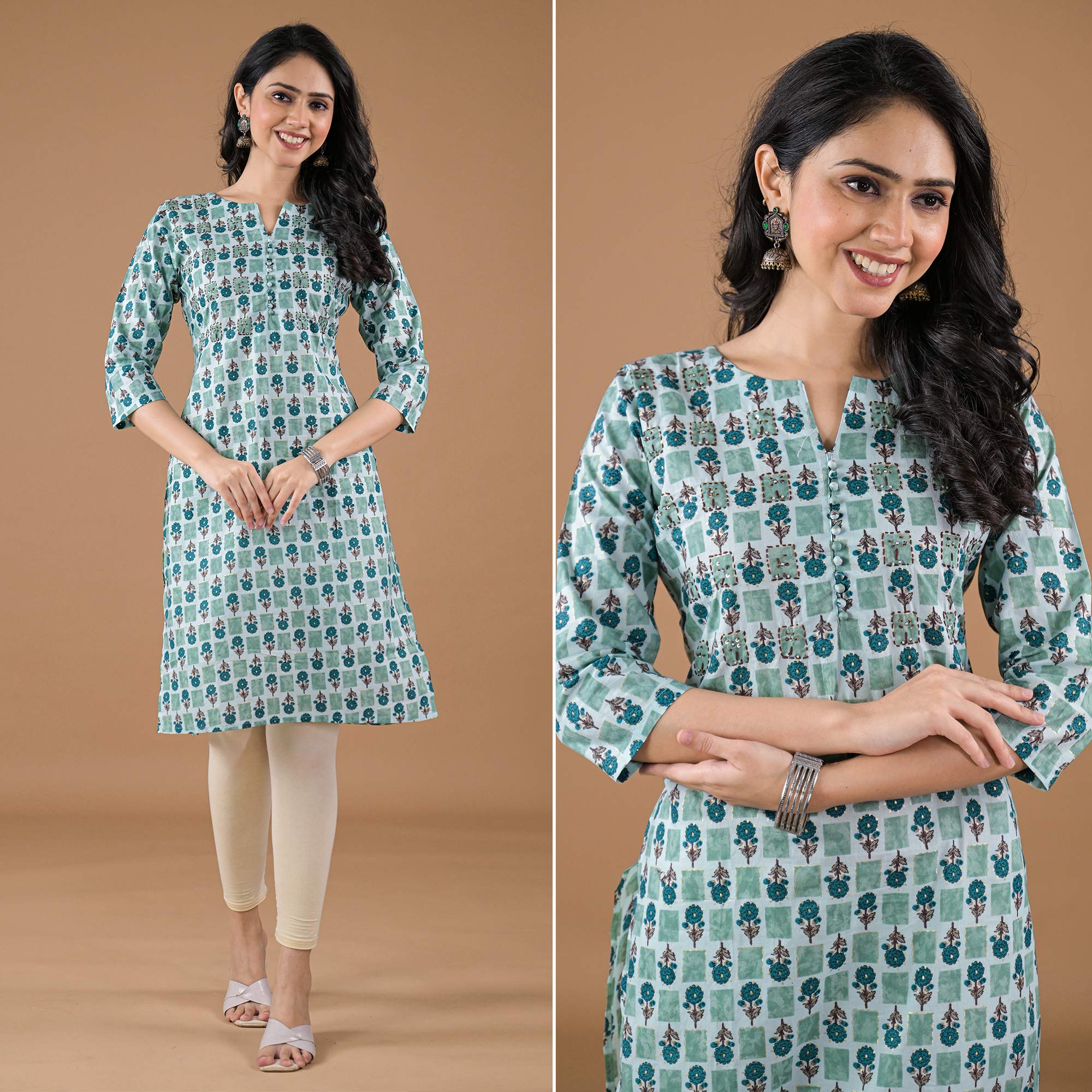 Sea Green Floral Printed Pure Cotton Straight Kurti