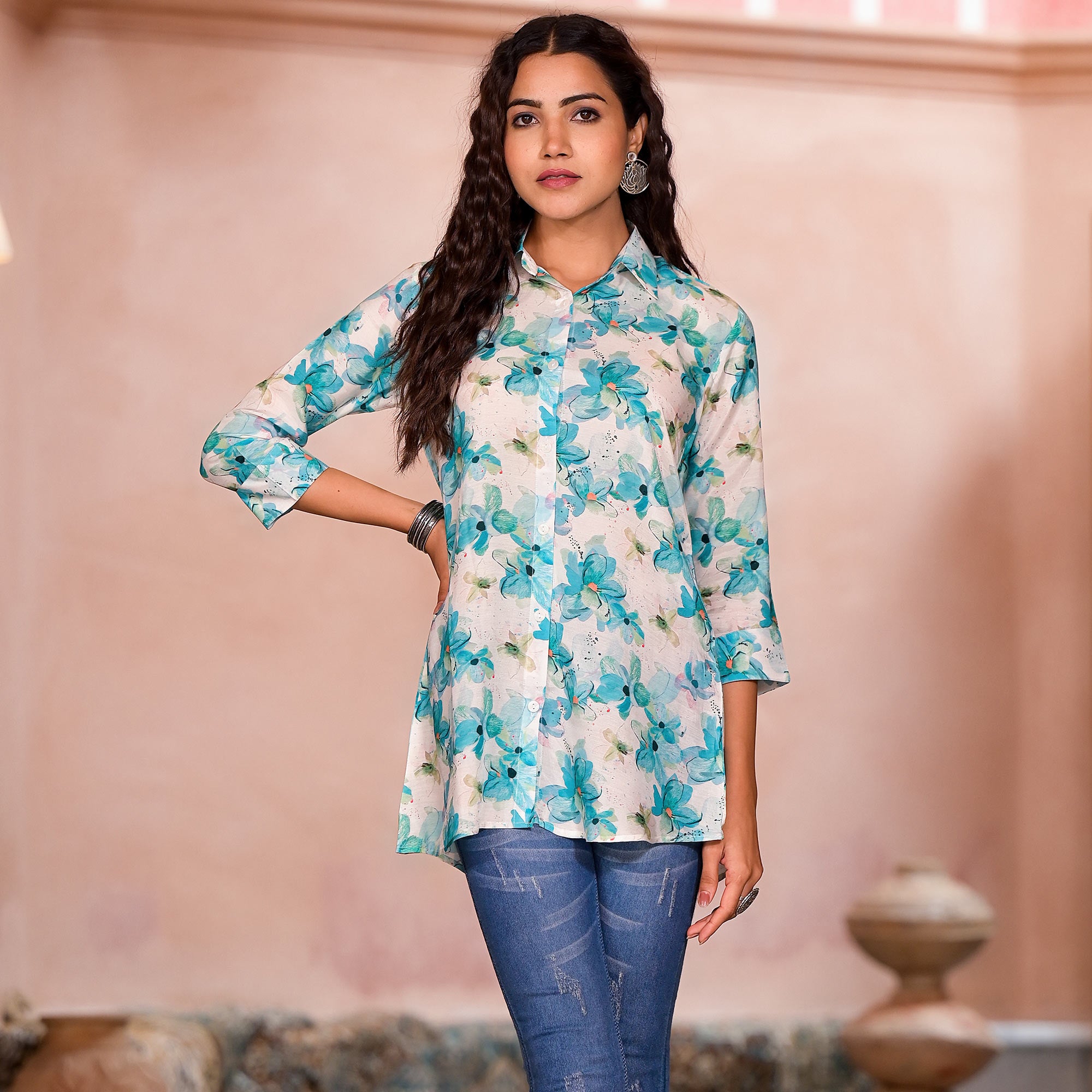 Turquoise Floral Printed Muslin Top