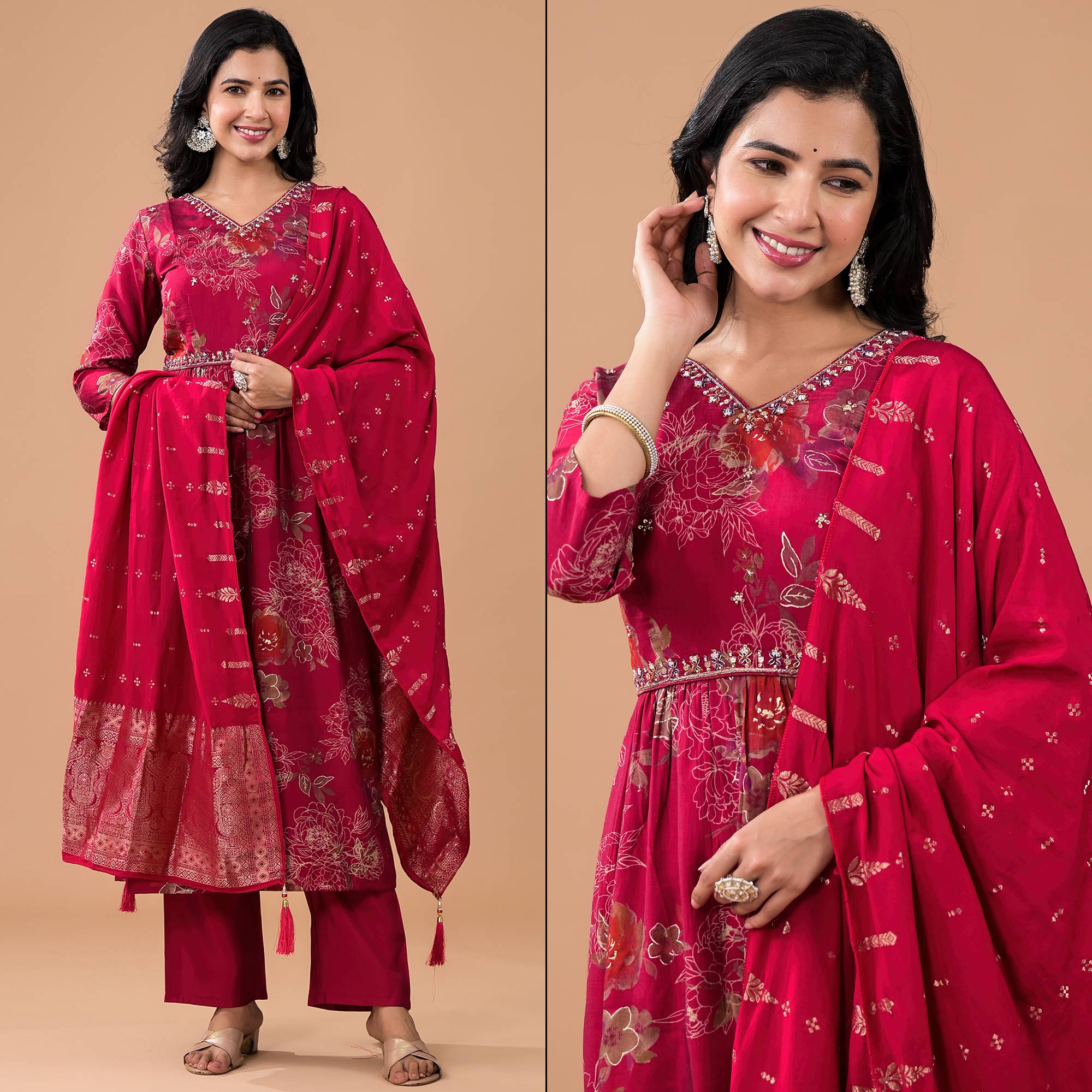 Rani Pink Floral Foil Printed With Handwork Chanderi Anarkali Suit