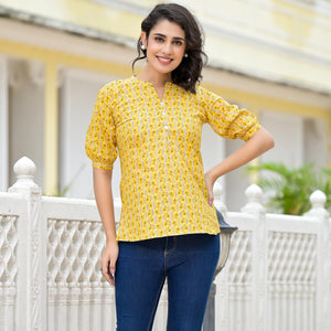 Yellow Foil Printed Pure Cotton A-Line Top