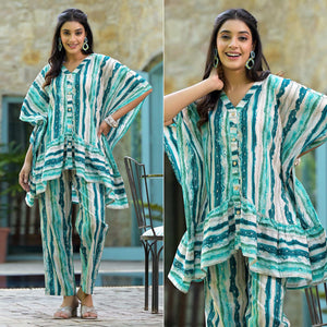 Blue Foil Printed Cambric Cotton Kaftan Style Co-Ord Set