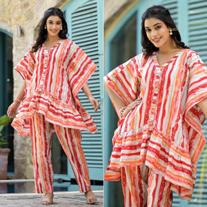 Red Foil Printed Cambric Cotton Kaftan Style Co-Ord Set