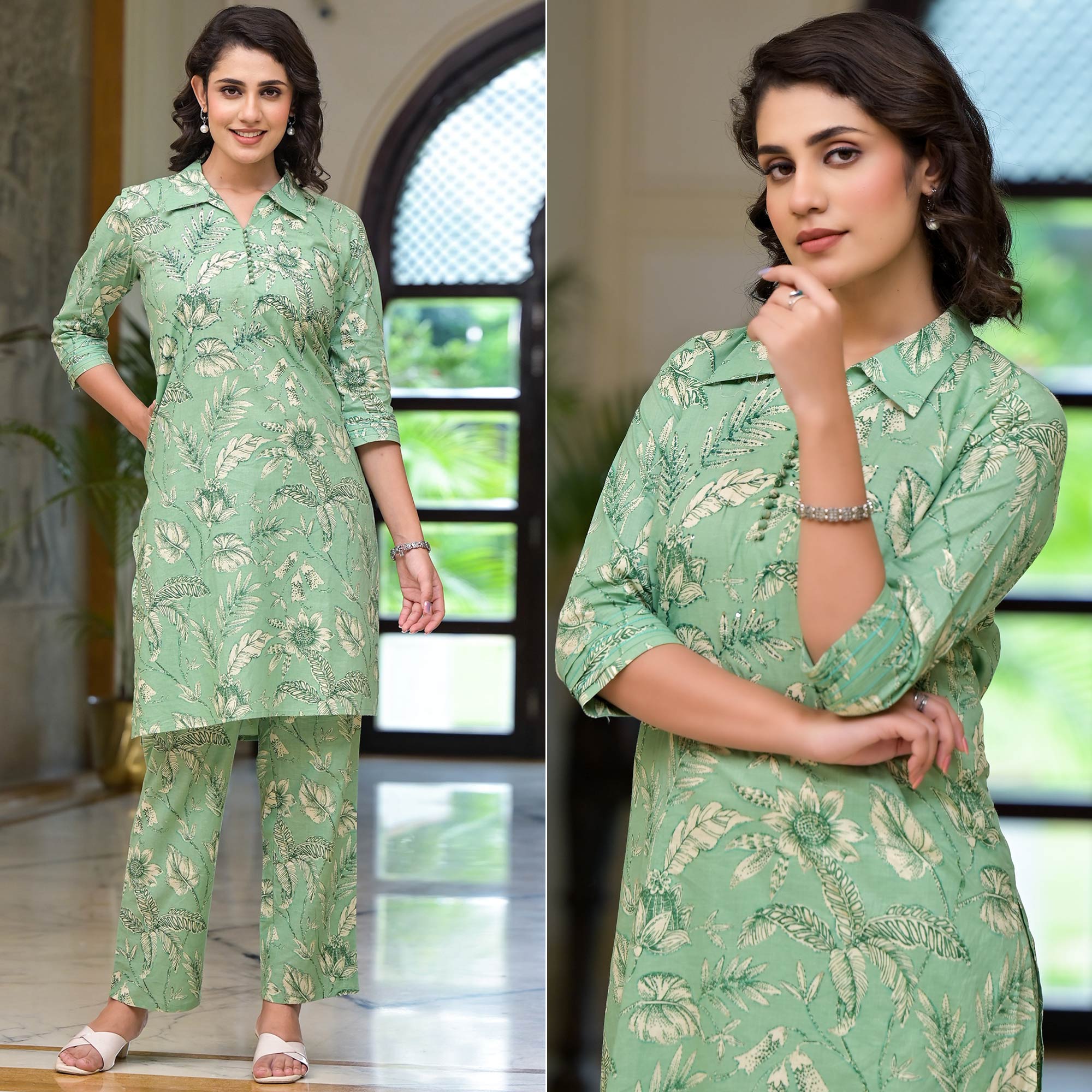 Green Floral Printed Pure Cotton Co-ord Set