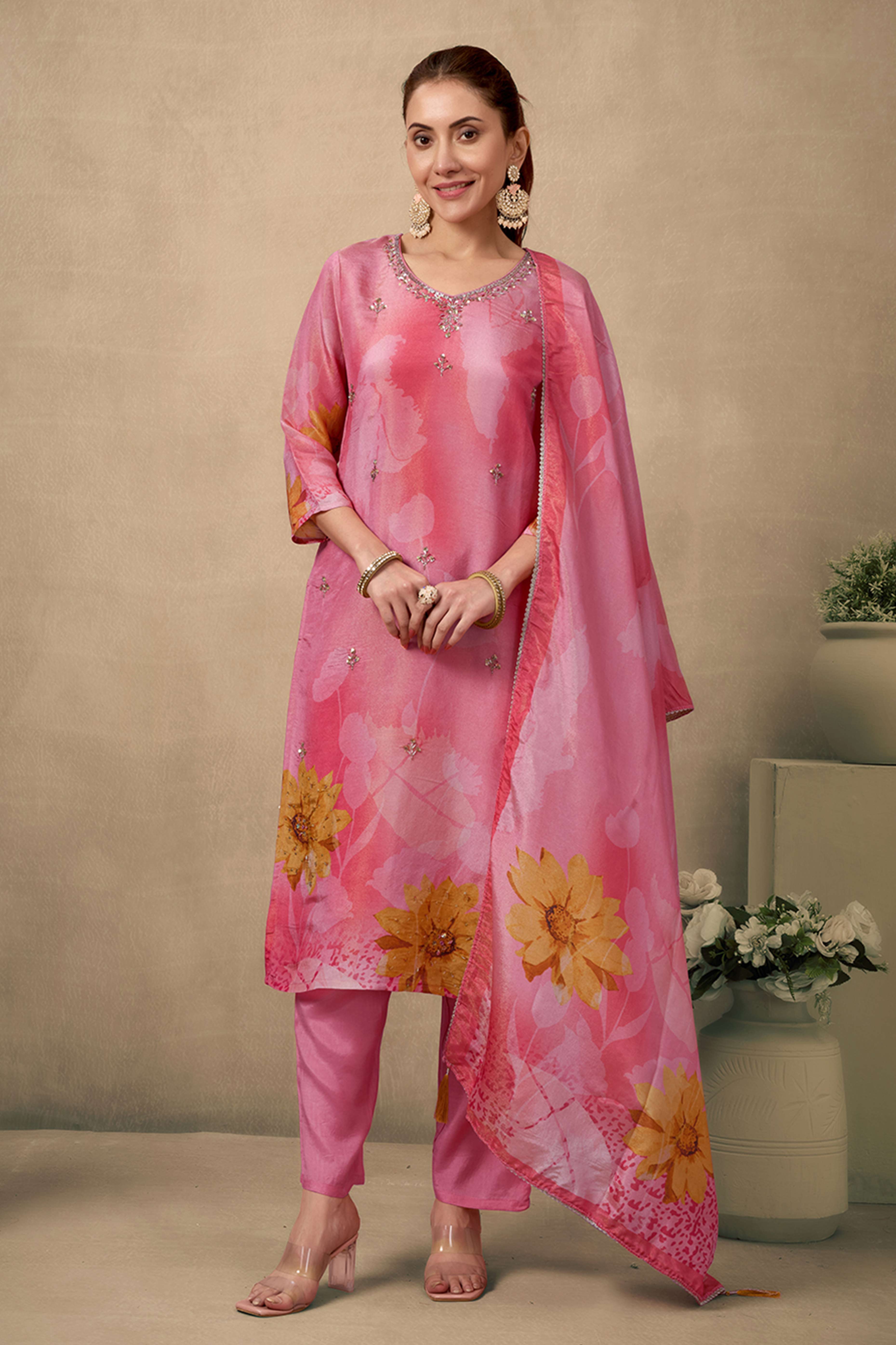 Bright Peach Organza Straight Suit Enhanced with Detailed Embroidery in Stones and Beads