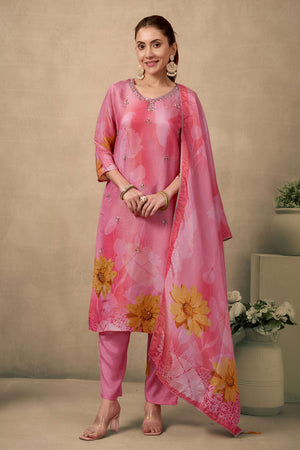 Bright Peach Organza Straight Suit Enhanced with Detailed Embroidery in Stones and Beads