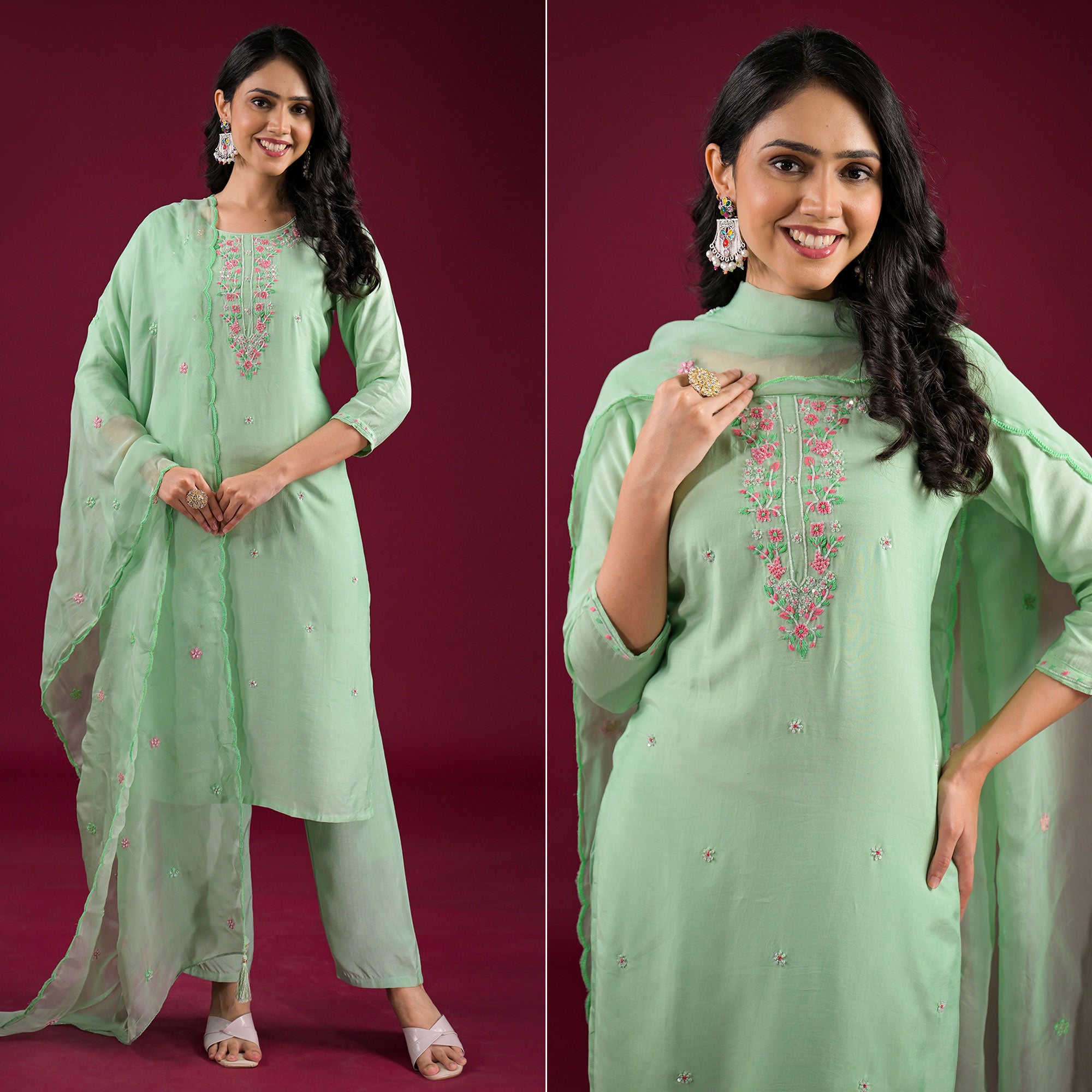 Pista Green Embroidered Muslin Straight Salwar Suit