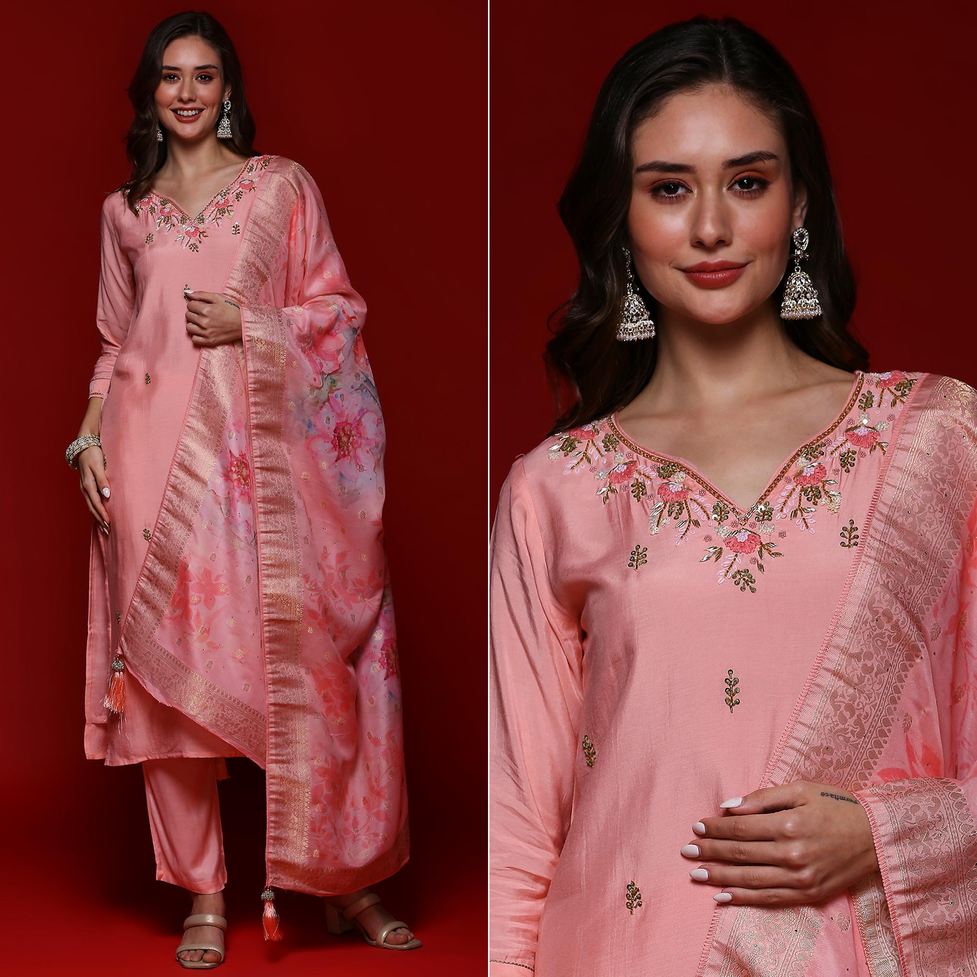 Pink Floral Embroidered Muslin Straight Salwar Suit