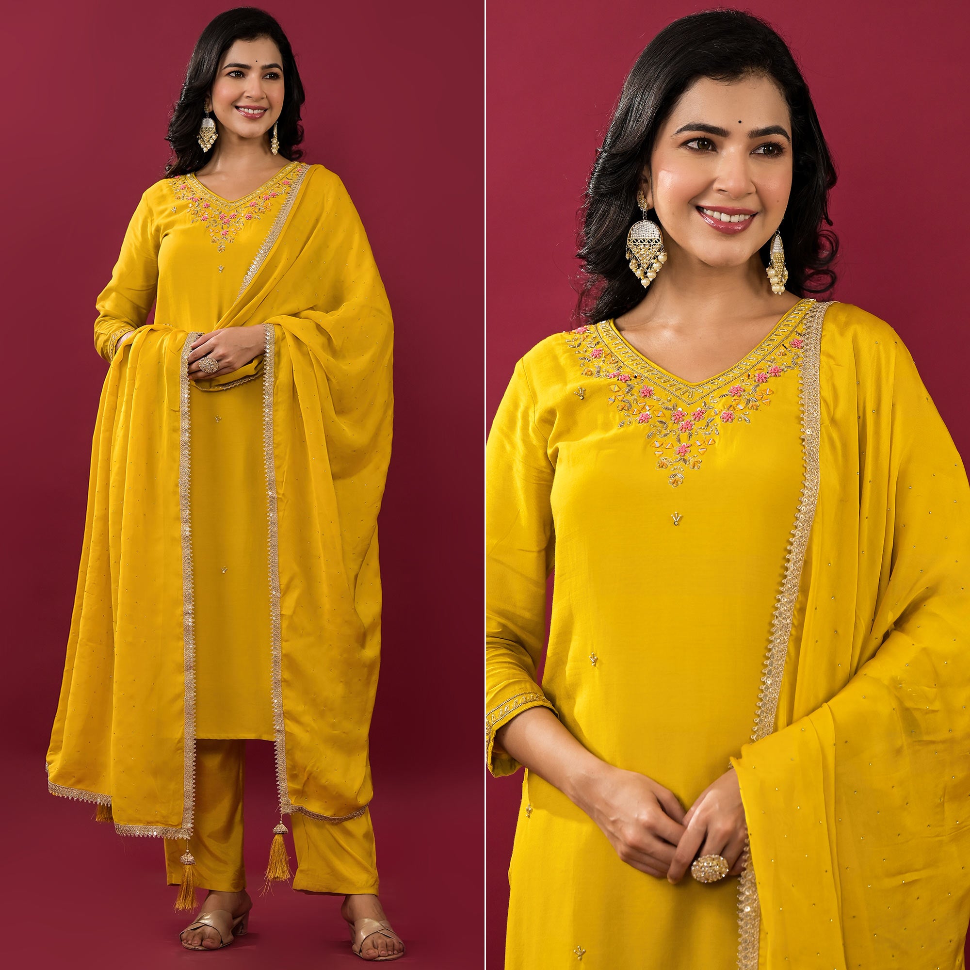 Mustard Embroidered Muslin Straight Salwar Suit