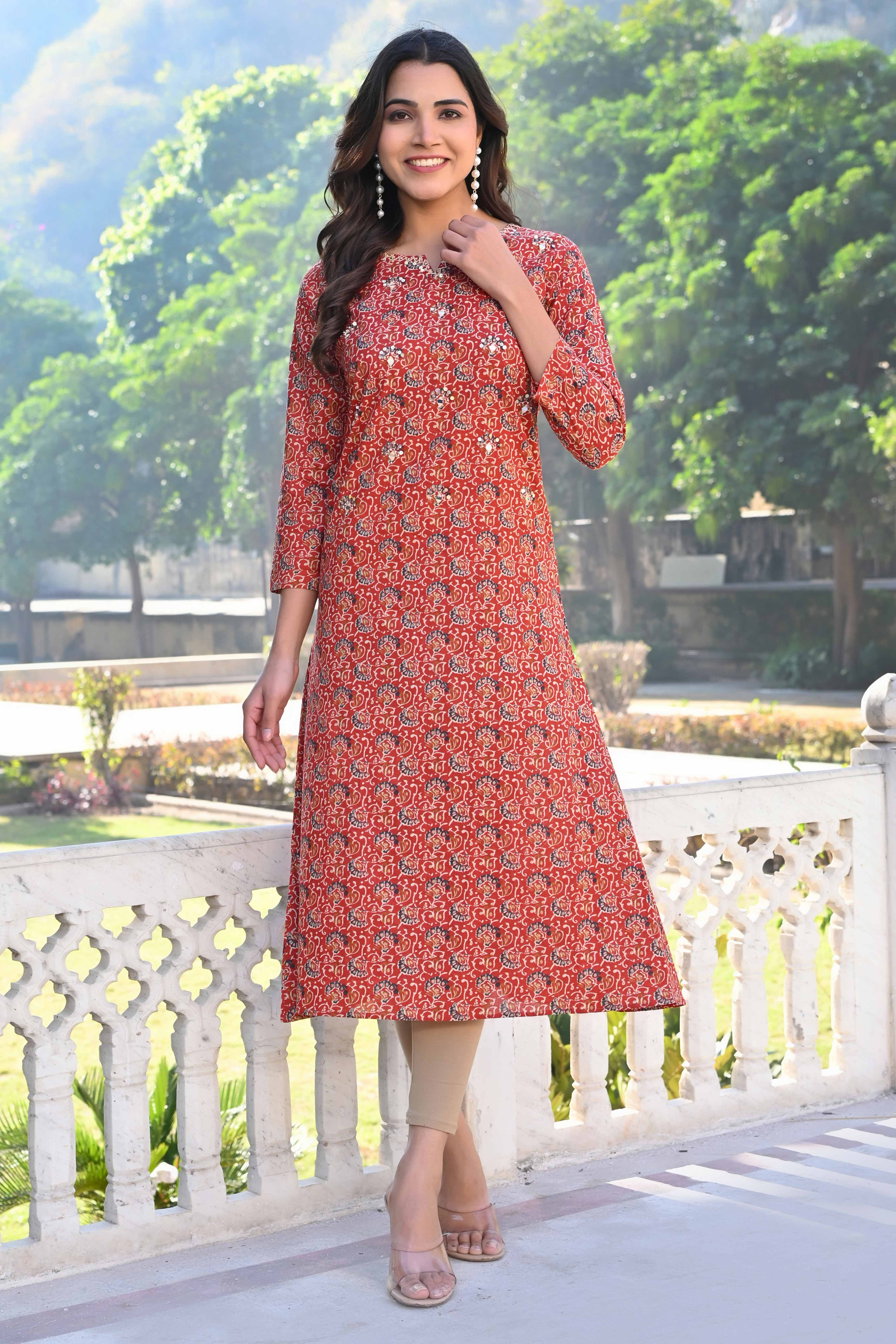 Red Floral Printed Pure Cotton Straight Kurti