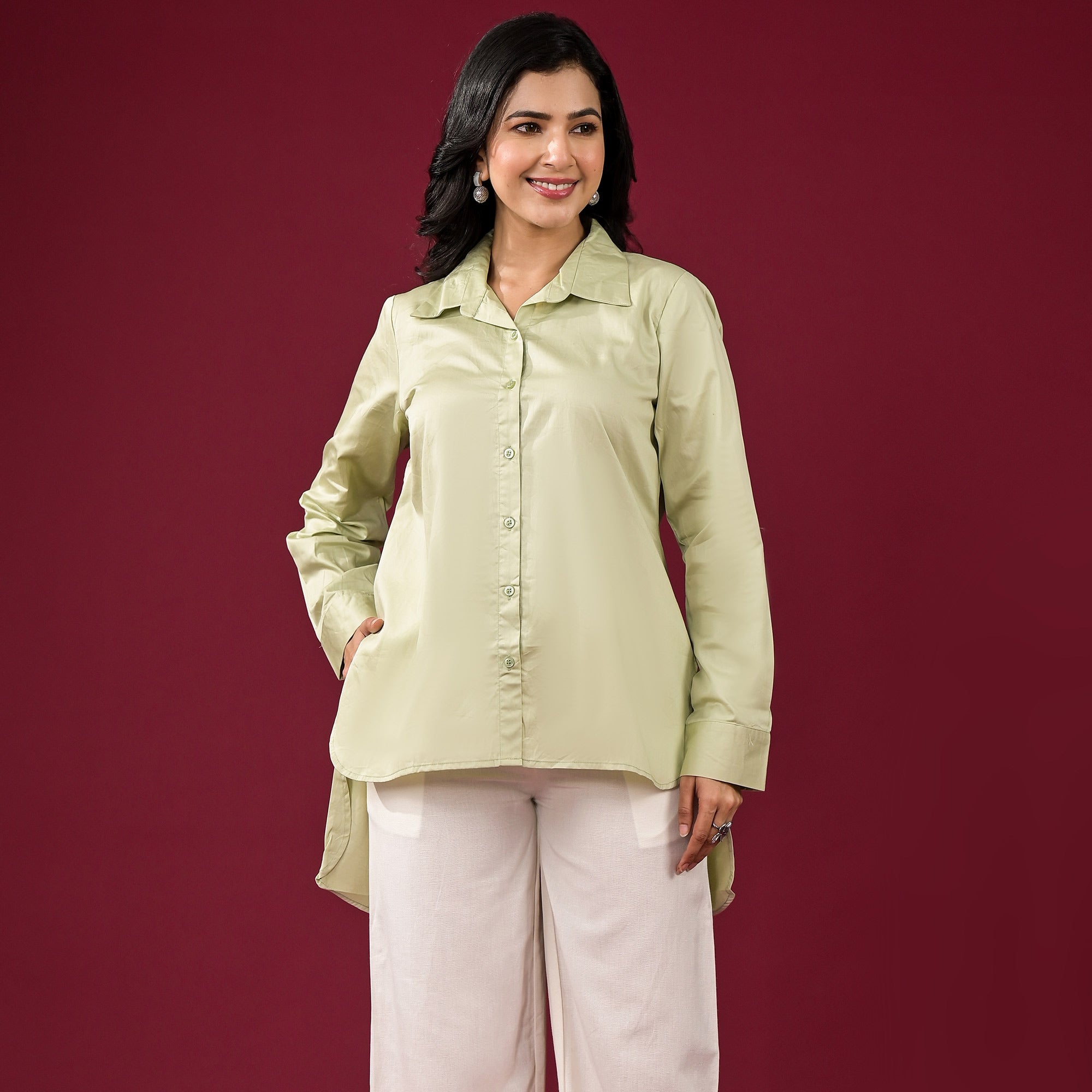 Pista Green Solid Satin High-Low Shirt