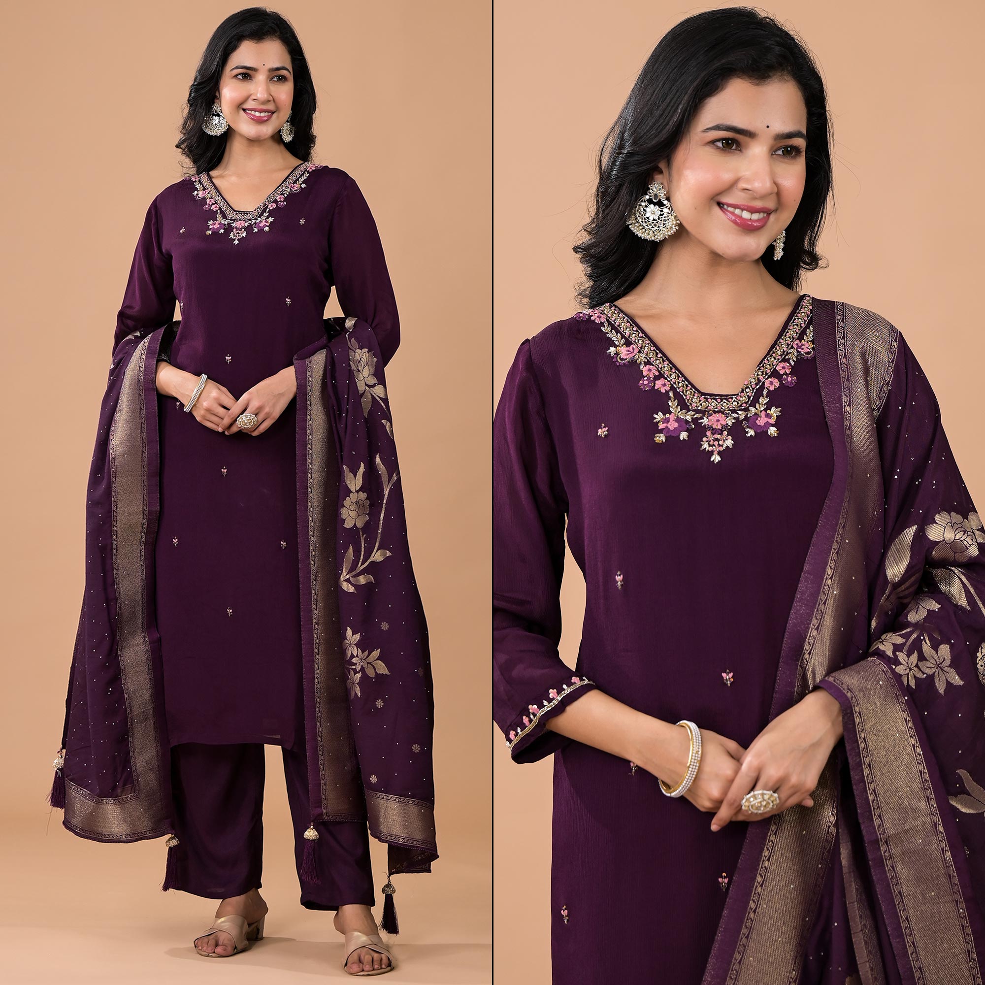 Purple Embroiderd Chinon Straight Salwar Suit