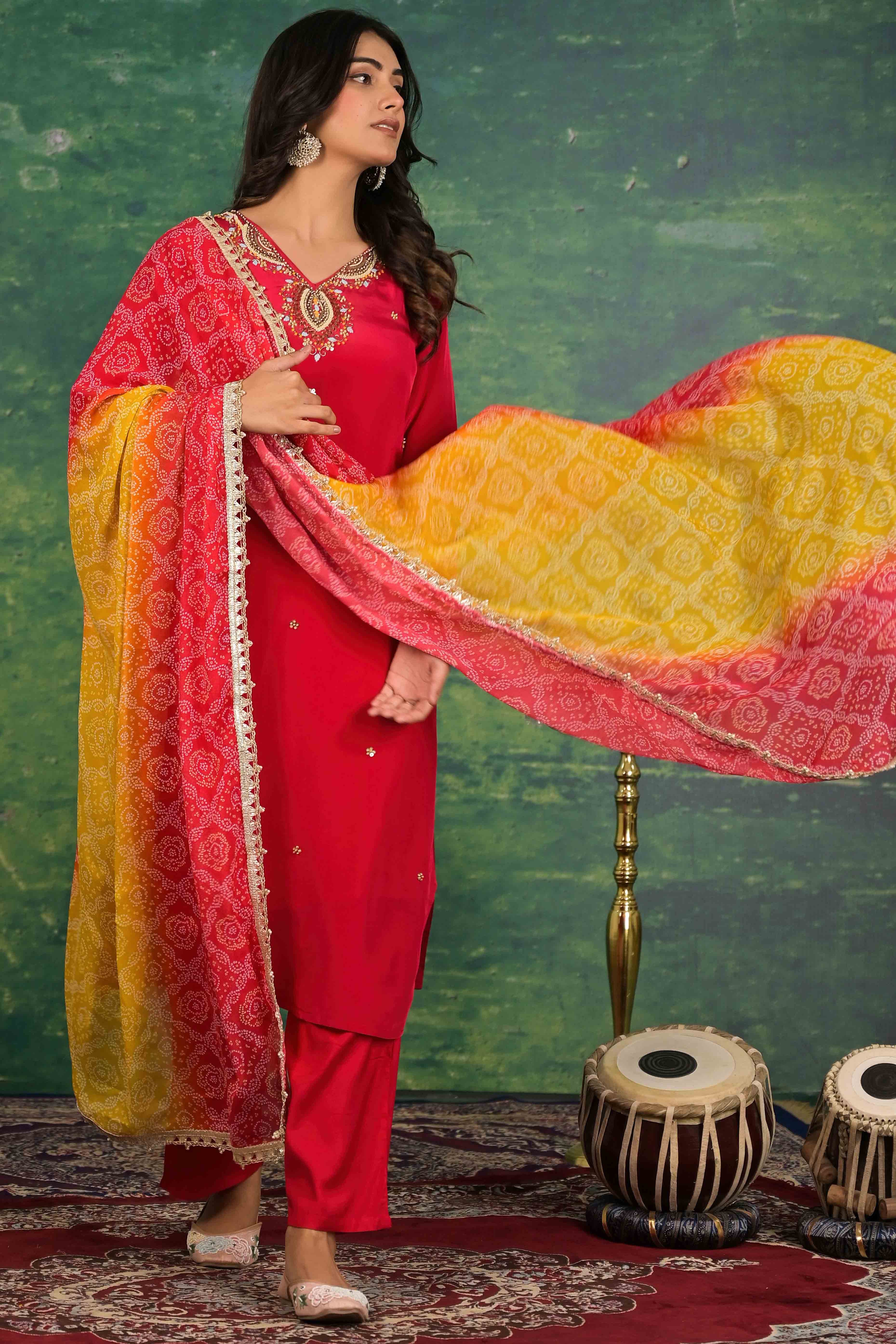 Red Beads Work Embroidered Crepe Salwar Suit