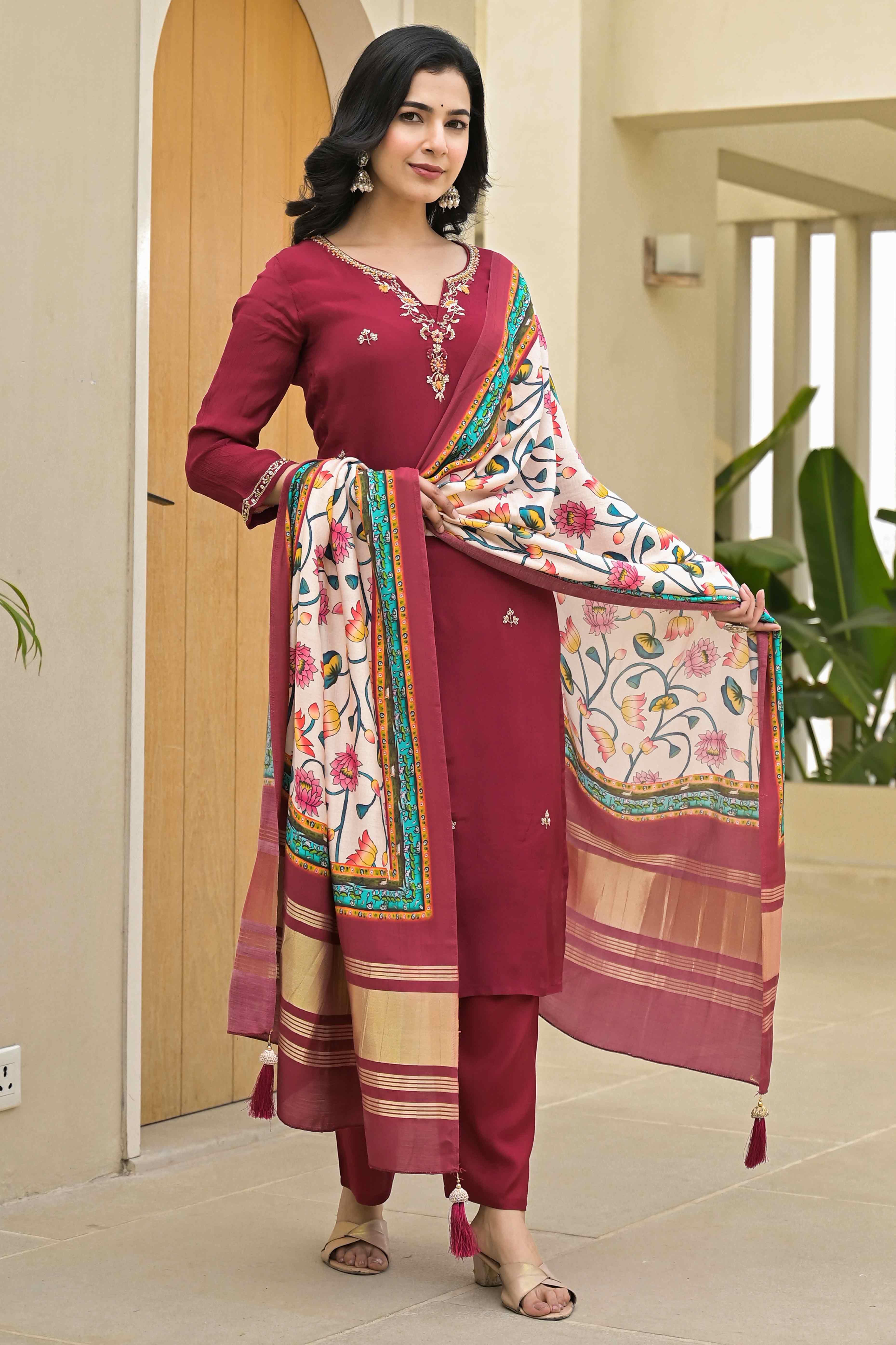 Wine Floral Embroidered Chinon Straigth Salwar Suit