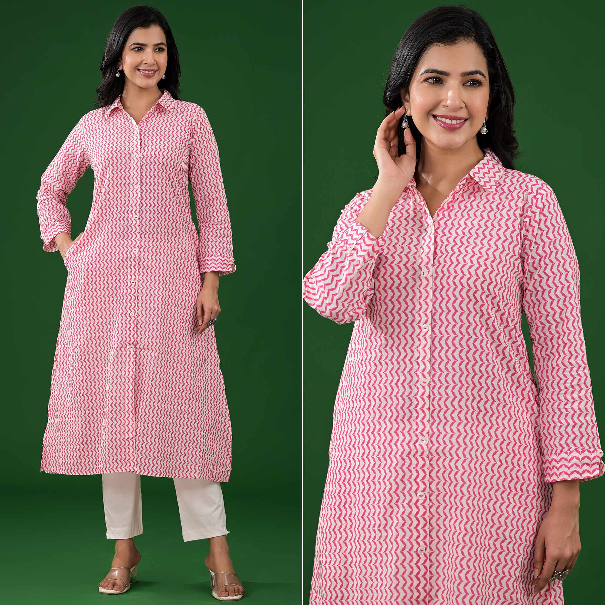 White & Pink Zig-Zag Printed Pure Cotton Straight Kurti