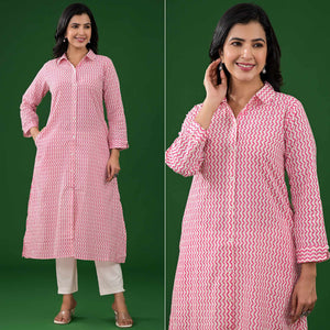 White & Pink Zig-Zag Printed Pure Cotton Straight Kurti