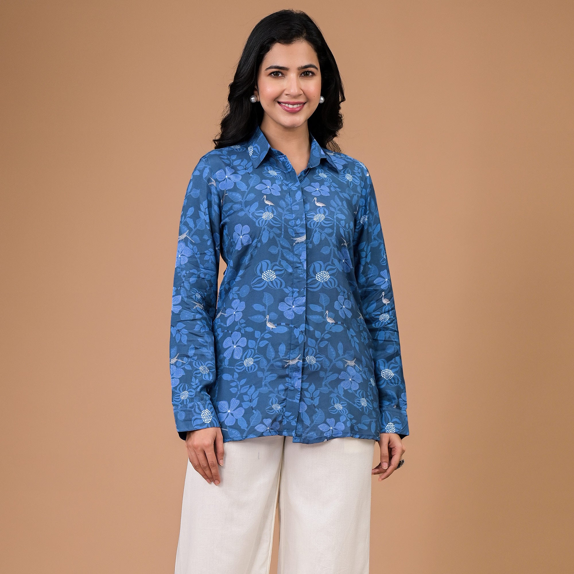 Blue Foil Printed Muslin Shirt