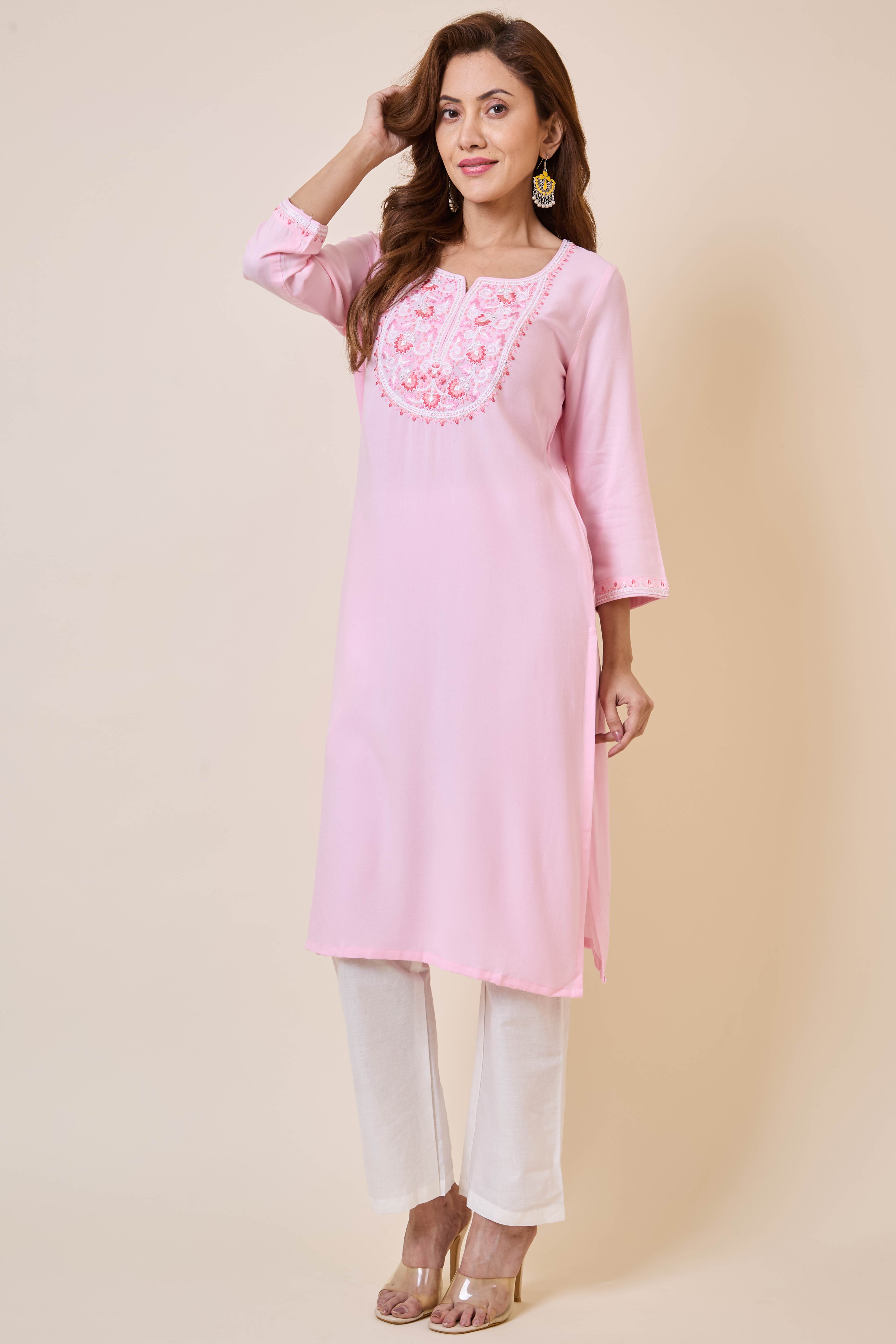 Light Pink Yoke Embroidered Rayon Straight Kurti