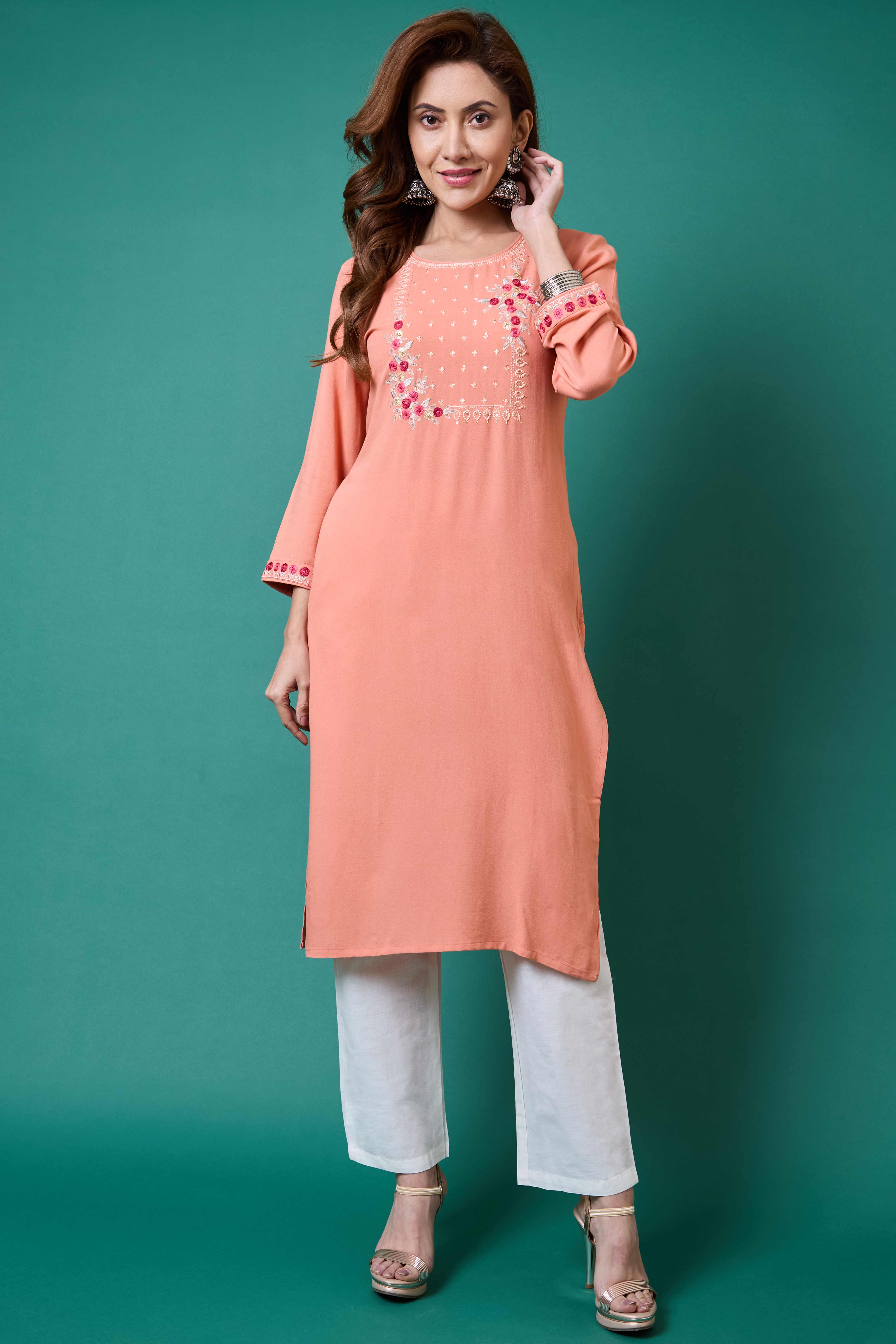 Peach Yoke Embroidered Rayon Straight Kurti