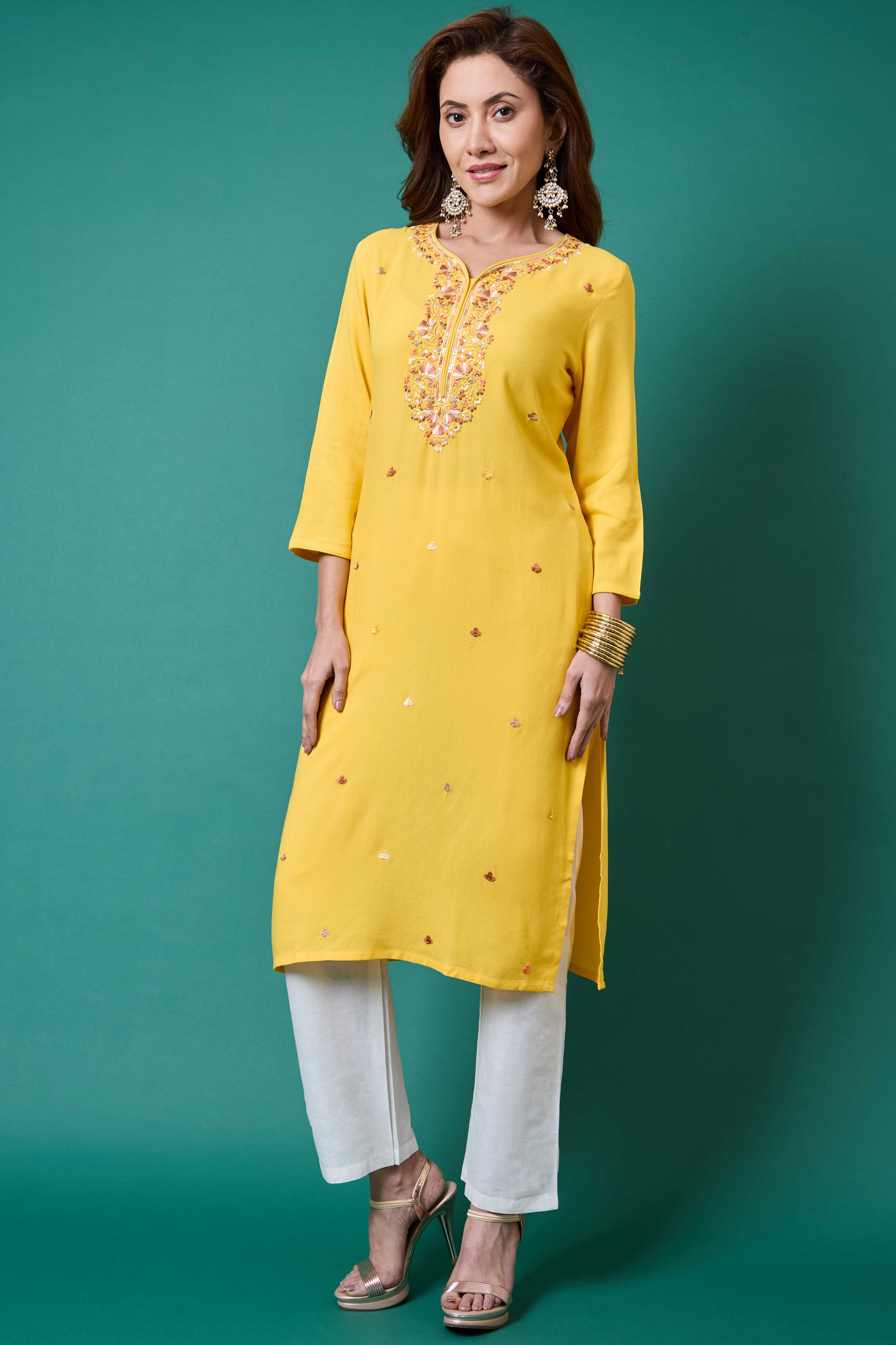 Yellow Yoke Embroidered Rayon Straight Kurti