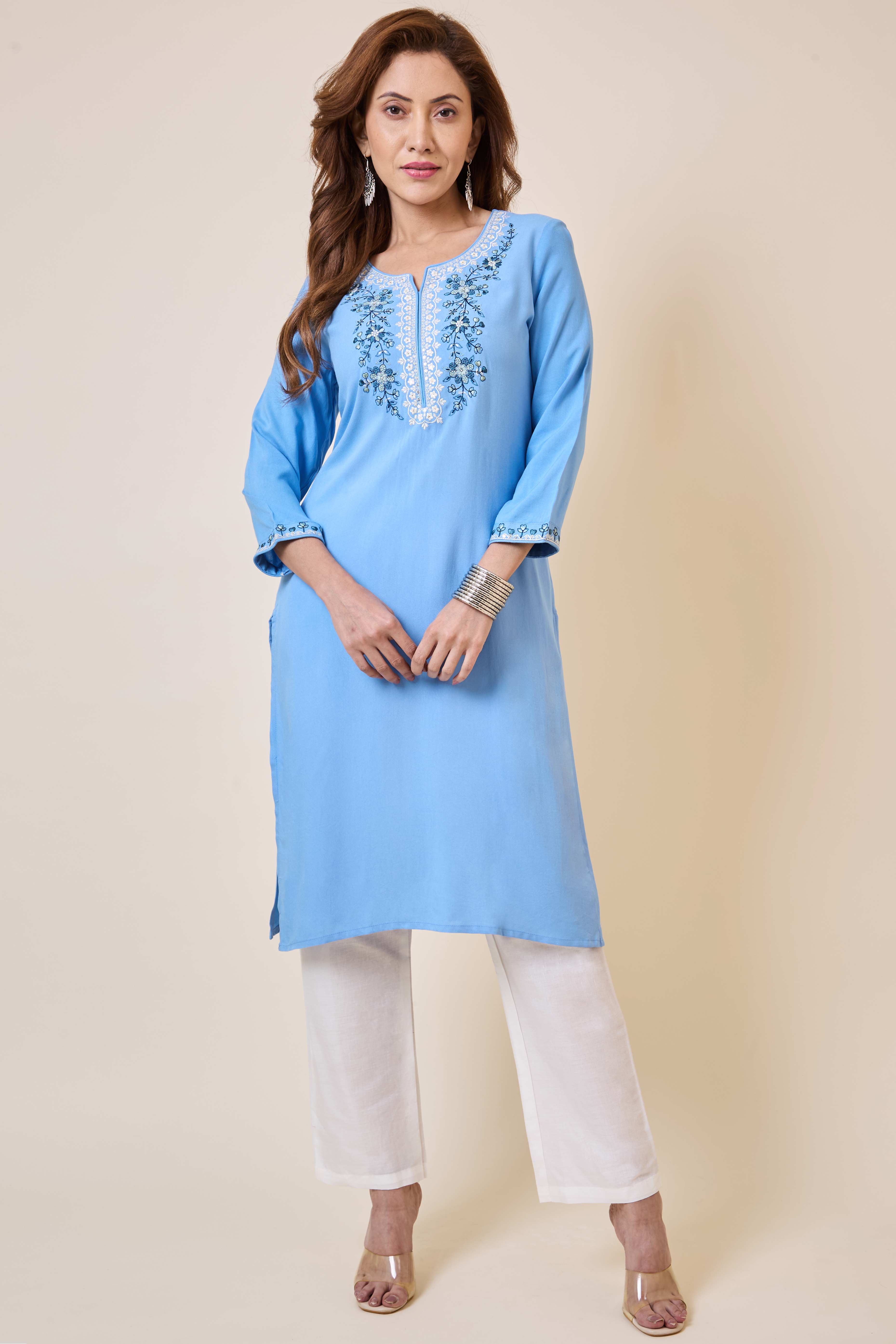 Sky Blue Yoke Embroidered Rayon Straight Kurti