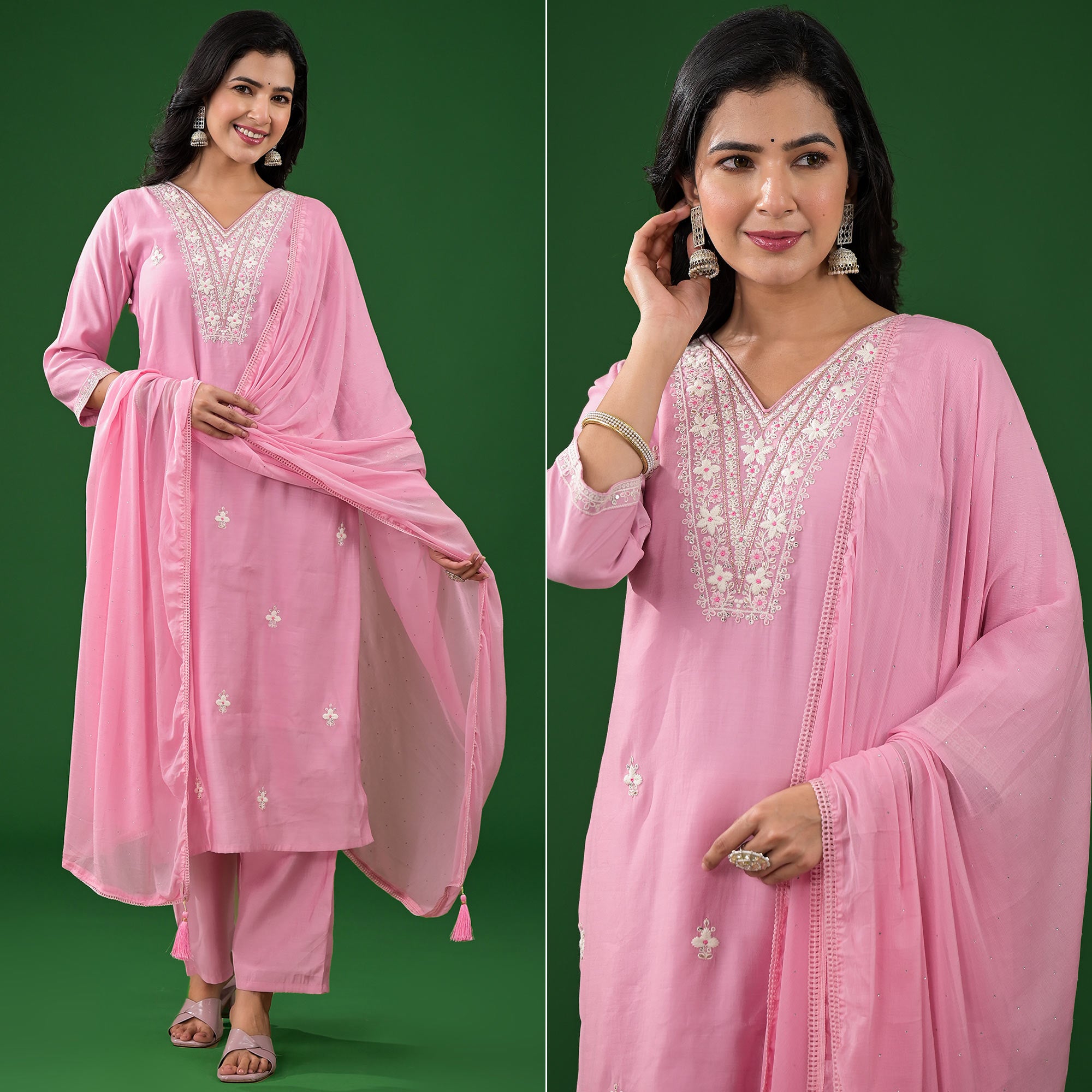 Pink Floral Embroidered Pure Silk Straight Salwar Suit