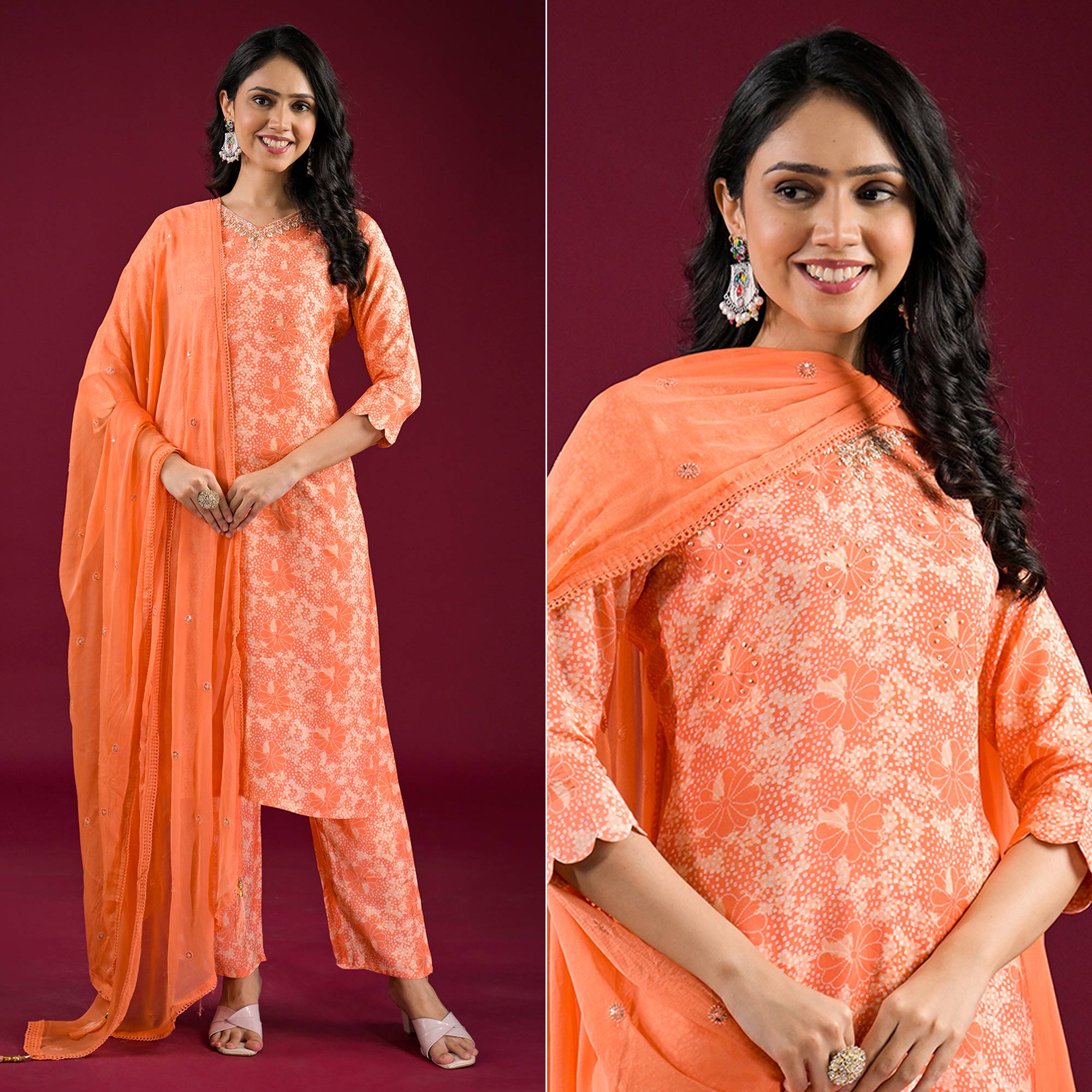 Orange Floral Printed Muslin Straight Salwar Suit