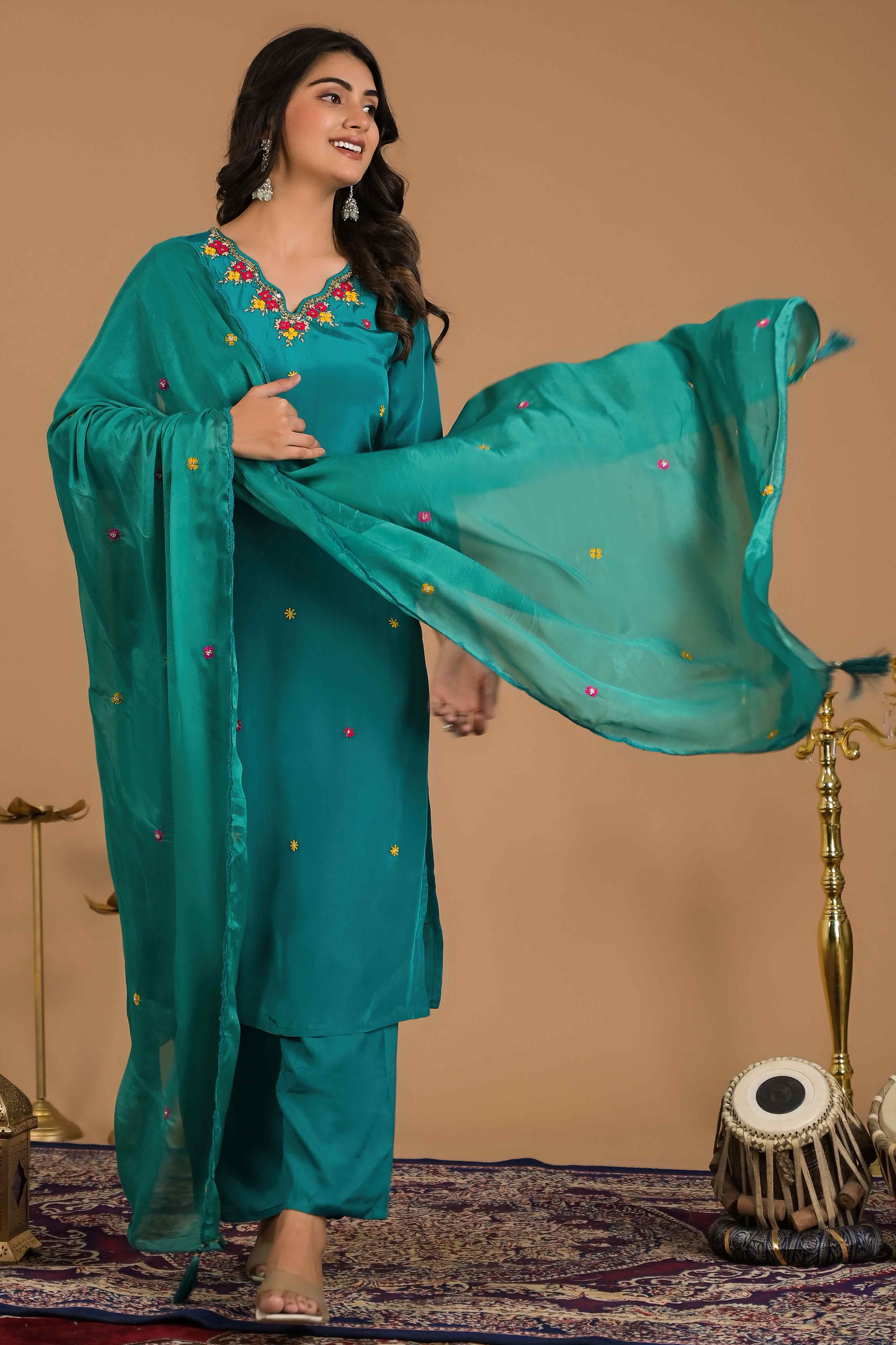 Turquoise Beads Work Embroidered Crepe Salwar Suit