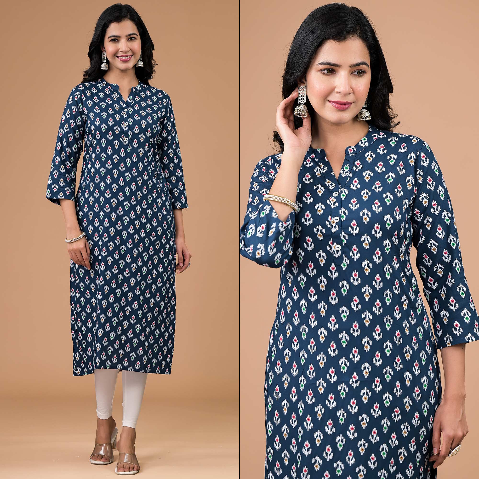 Navy Blue Rayon Printed Straight Kurti