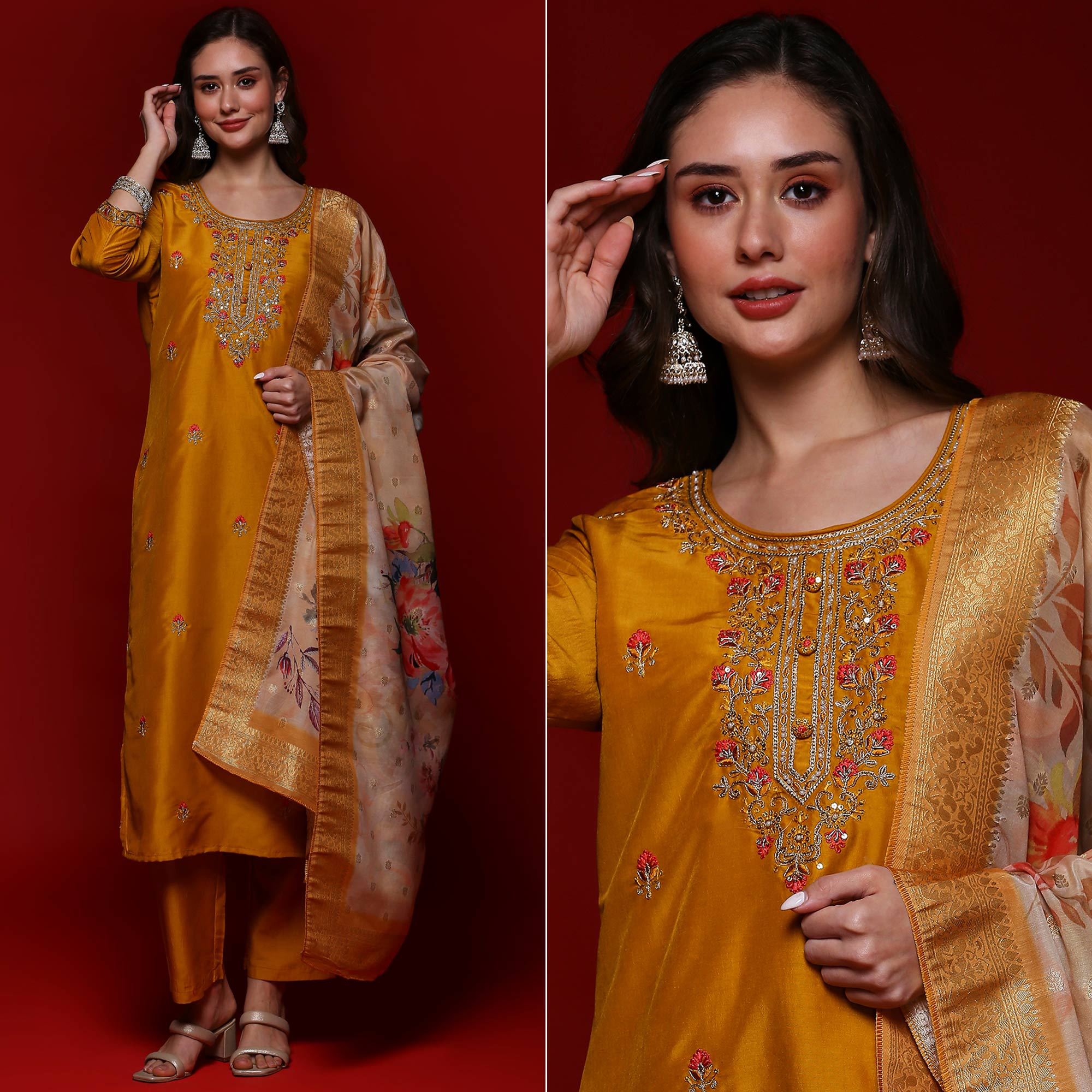 Mustard Floral Embroidered Cotton Silk Salwar Suit