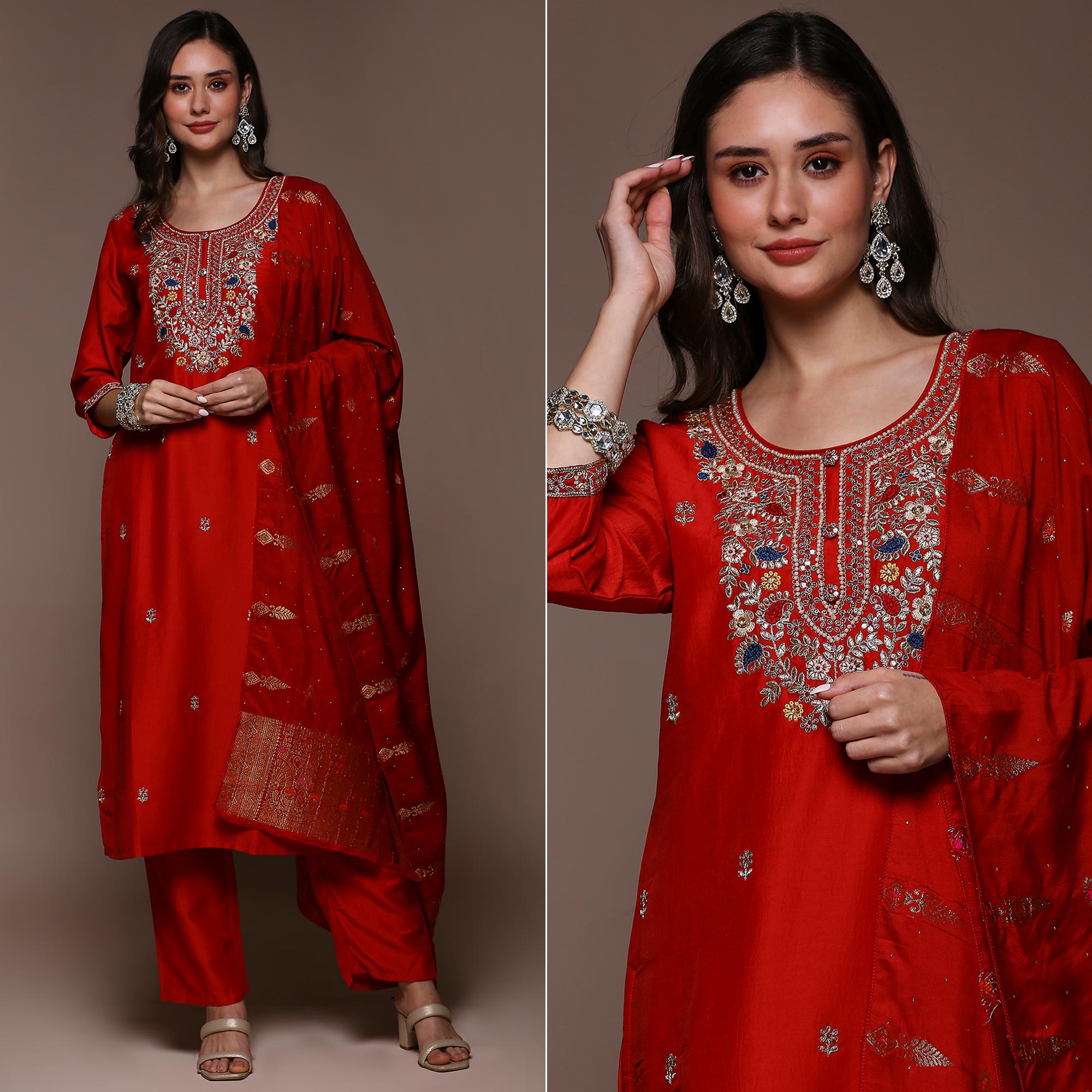 Red Floral Embroidered Cotton Silk Salwar Suit