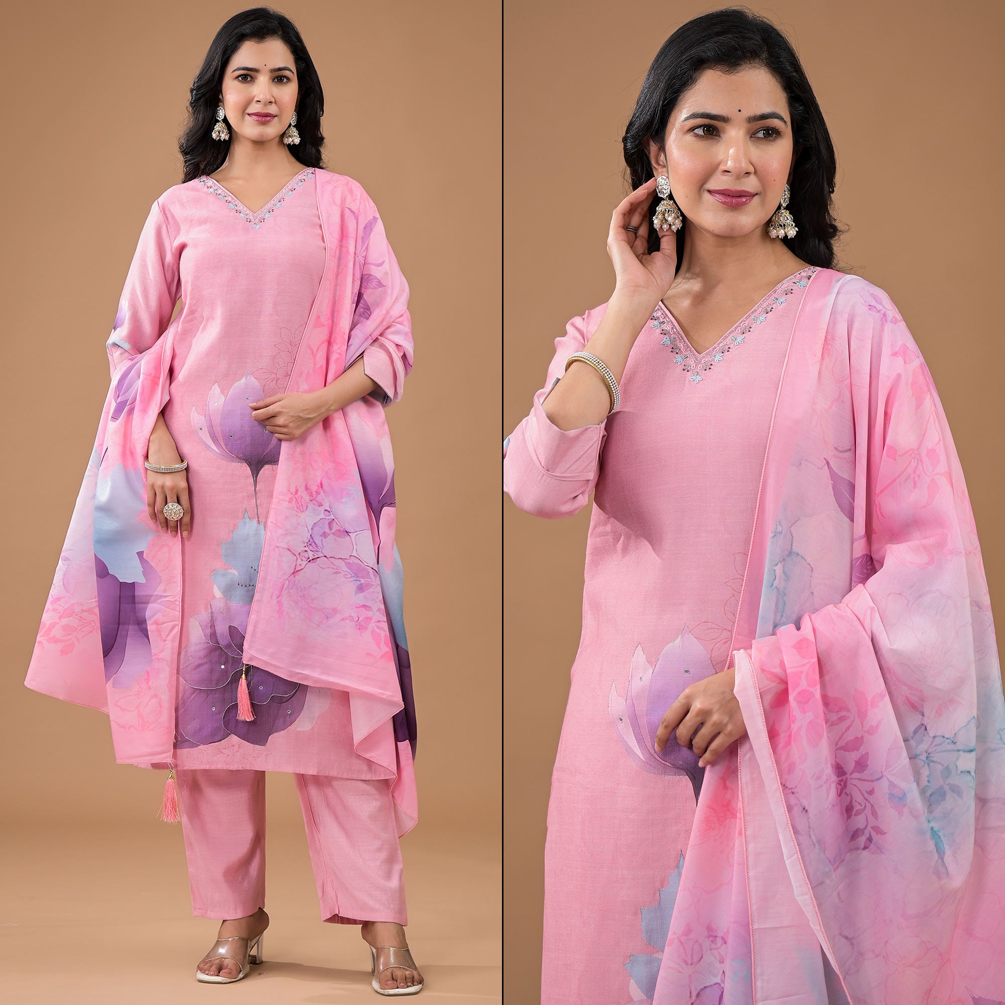 Pink Embroidered Viscose Straight Salwar Suit